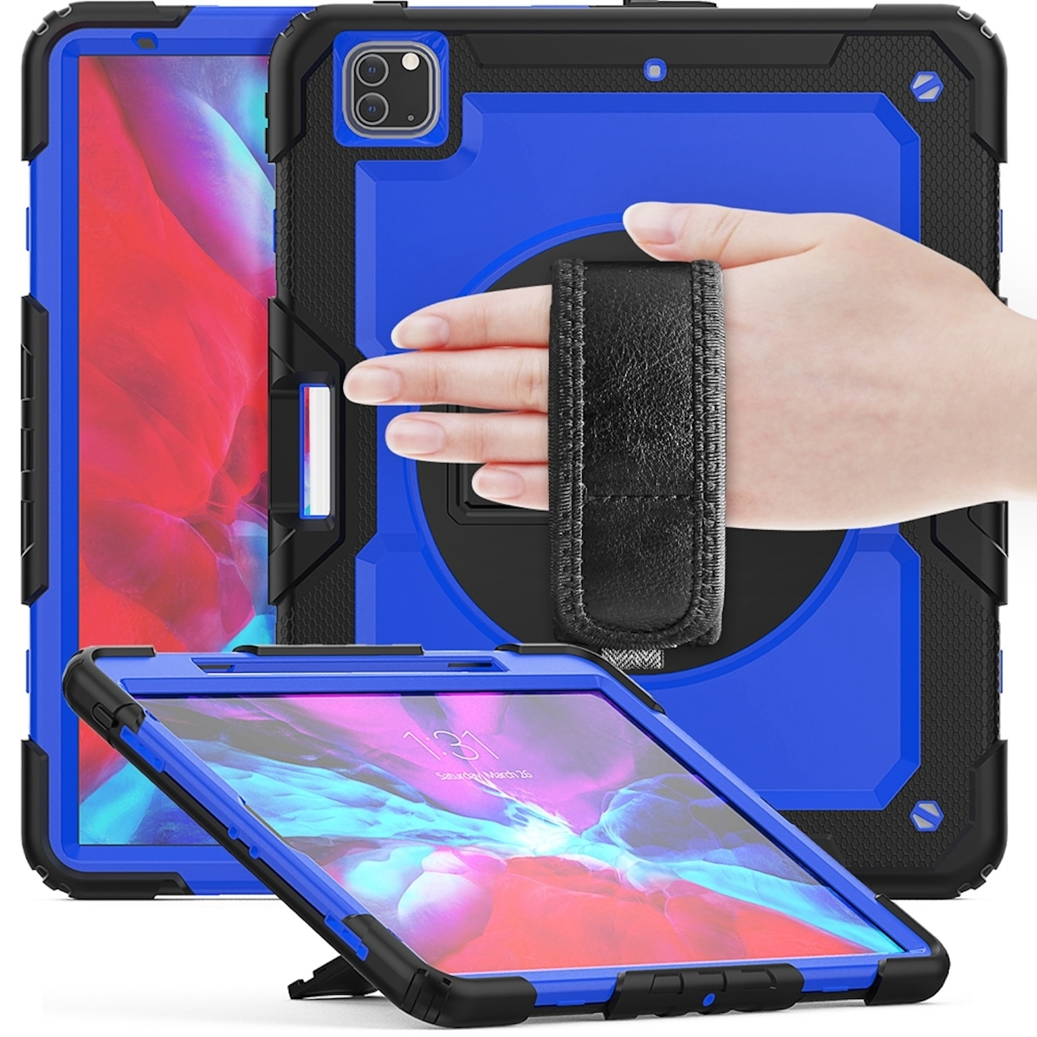 Ein blaues und schwarzes Tablet mit Displayschutz und Hülle. Eine Hand hält die Hülle.