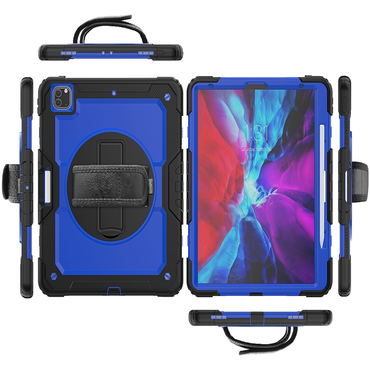 Blaue und schwarze iPad-Hülle mit Handschlaufe, mehrere Ansichten. Zeigt Zeit und Datum an.