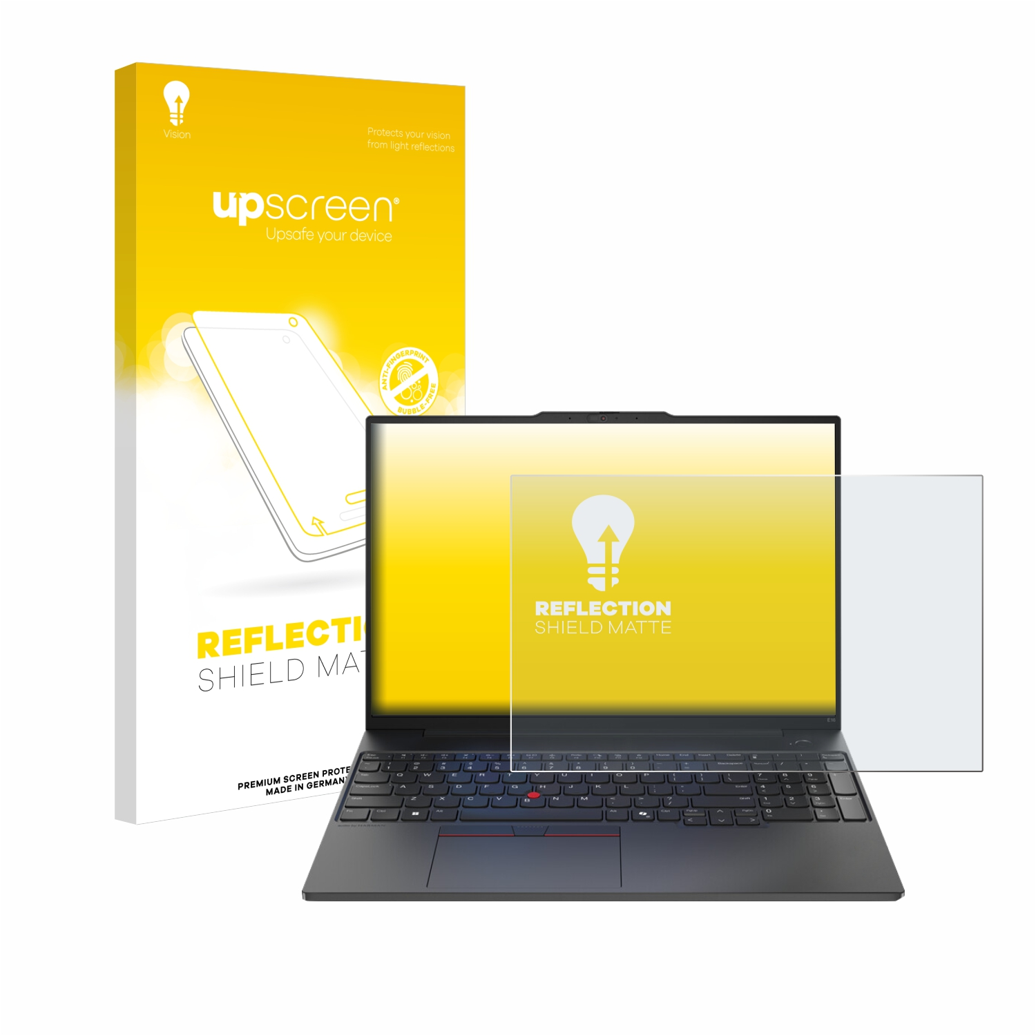 Ein Laptop-Bildschirm, ein Displayschutz und eine Box werden gezeigt. Die Box ist gelb und weiß. Der Schutz ist klar.
