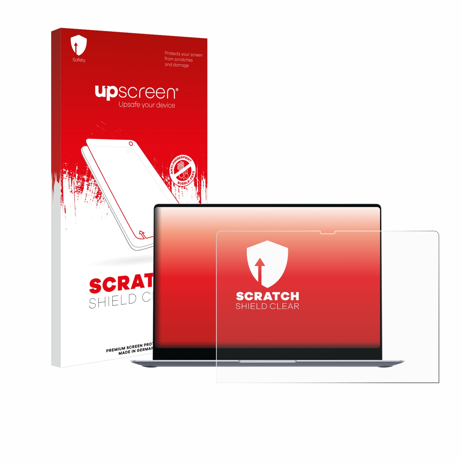 Laptop mit Displayschutz und Box. Text auf Box und Bildschirm: SCRATCH SHIELD CLEAR. Marke upscreen.
