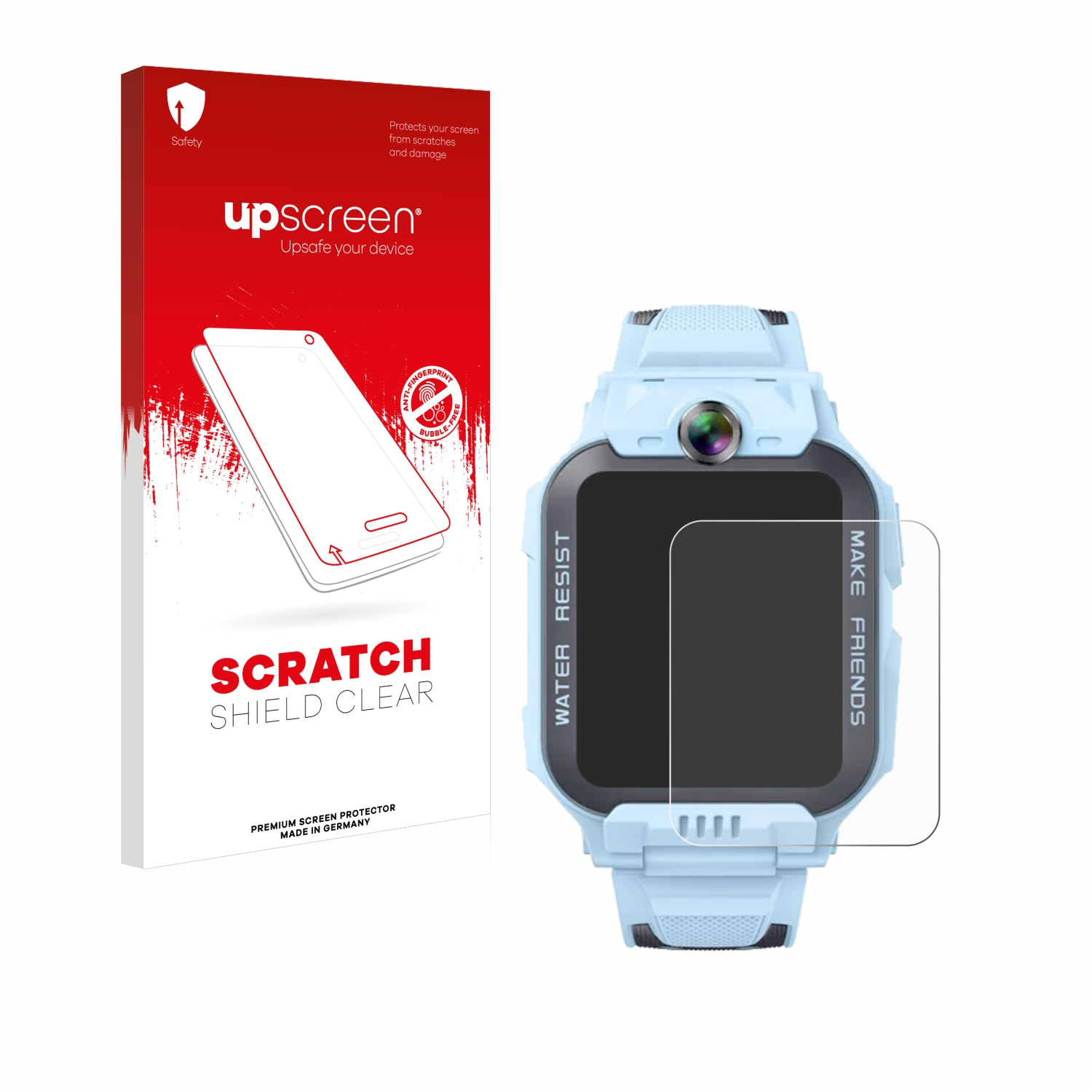 Eine Smartwatch mit Displayschutz und Box. Die Box ist rot und weiß und sagt Scratch Shield Clear.