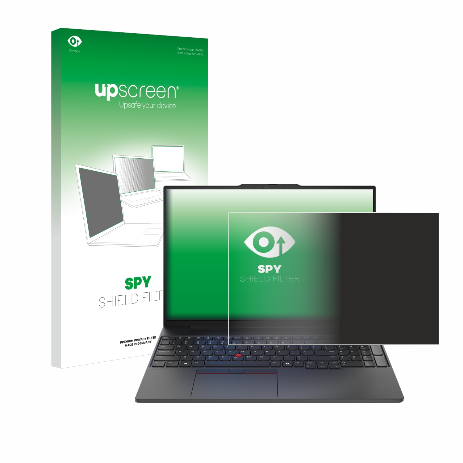Ein Laptop, Displayschutz und Produktbox. Der Schutz ist auf dem Bildschirm. Auf der Box steht Sichtschutz.
