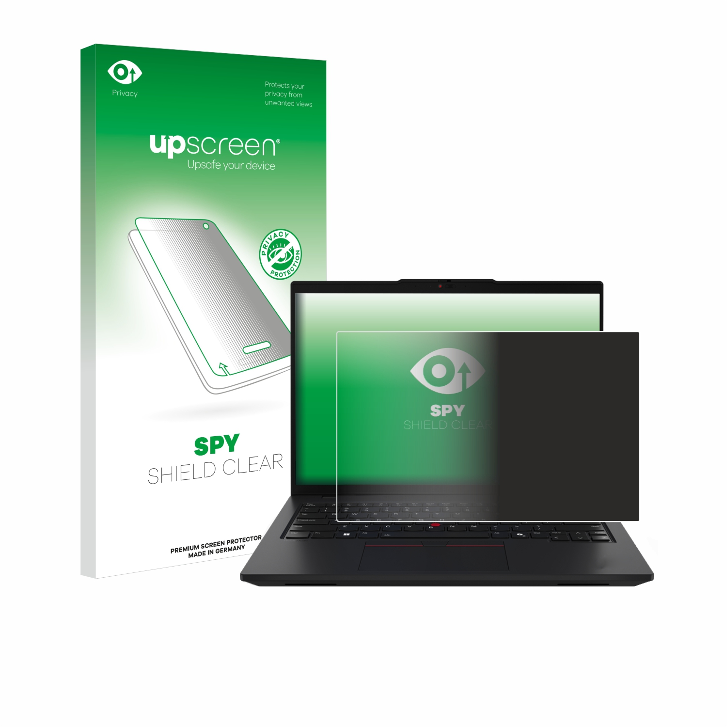 Laptop mit Displayschutzfolie und einer Spy Shield Clear Box.
