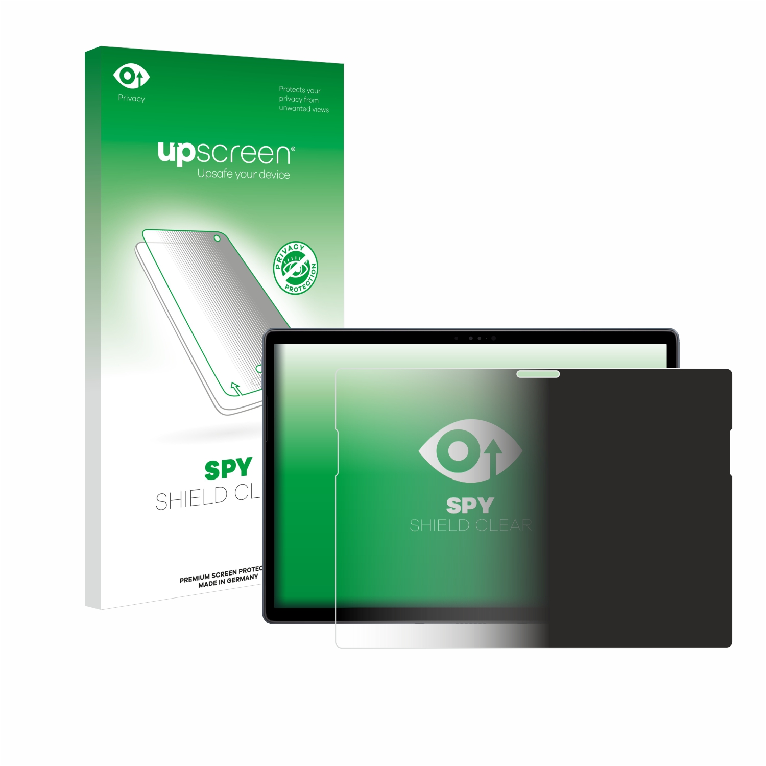Tablet mit Privacy-Displayschutz und Box. Der Displayschutz ist dunkel.
