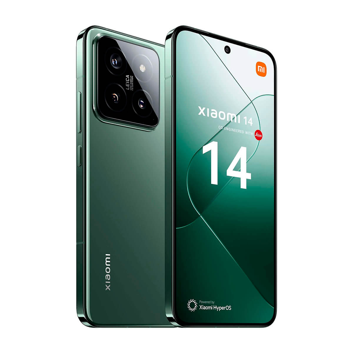 Grünes Xiaomi 14-Telefon mit Leica-Kamera auf weißem Hintergrund. Display rechts.