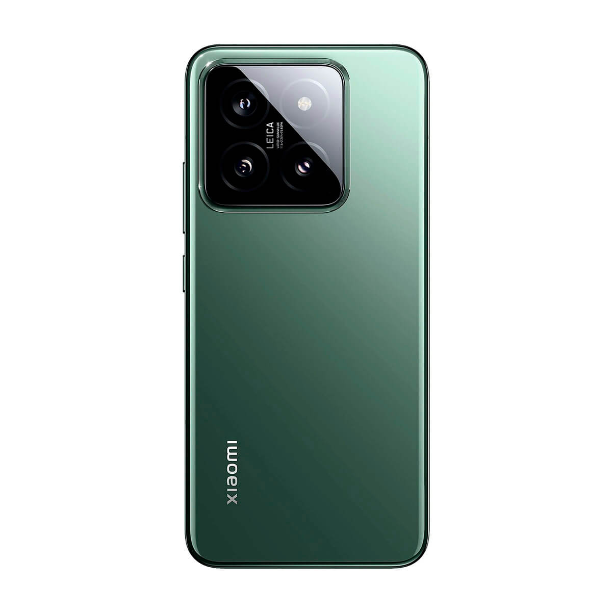 Grünes Telefon mit drei Kameralinsen und dem Markennamen 'xiaomi' unten.