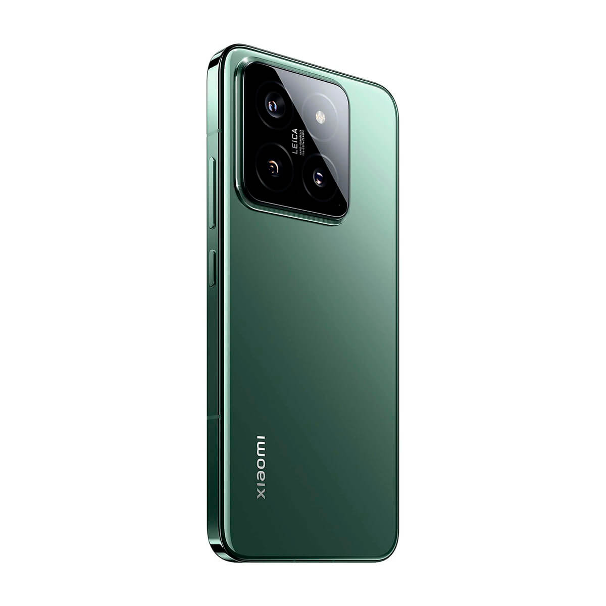 Ein grünes Smartphone mit einem schwarzen Kameramodul und drei Objektiven auf weißem Hintergrund.