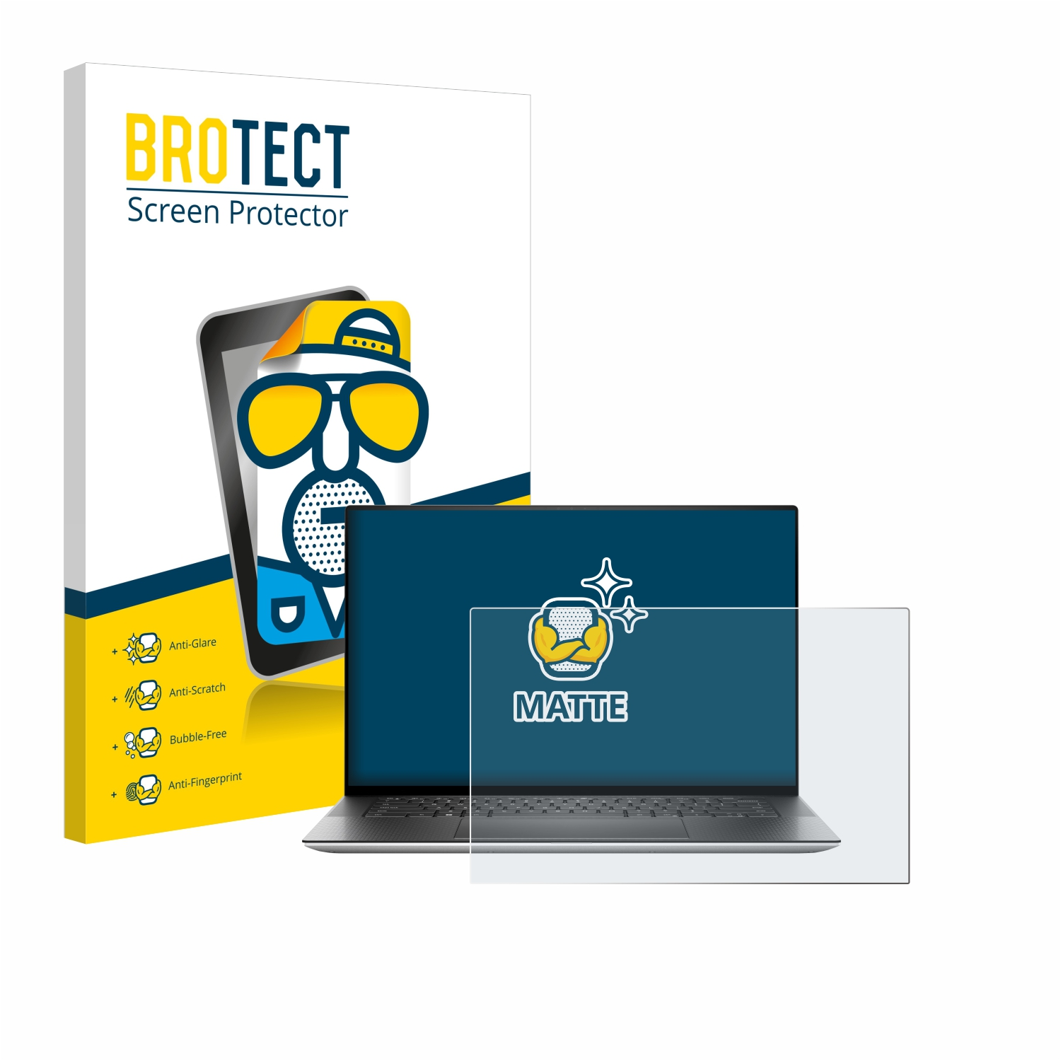 Ein Laptop mit matter Displayschutzfolie, neben einer Schachtel mit 'BROTECT Screen Protector'.