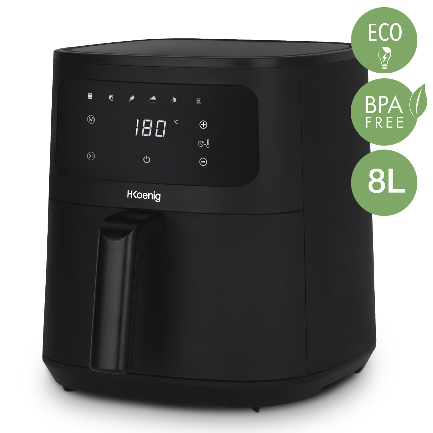 Friggitrice ad aria nera con display digitale ed etichette ECO/BPA FREE verdi. 180 gradi sono visibili.
