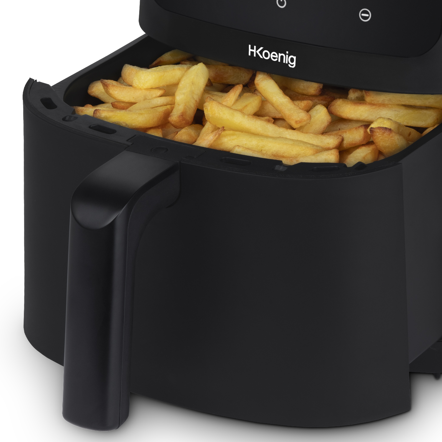Friggitrice ad aria nera con patatine fritte. La maniglia è sul lato.