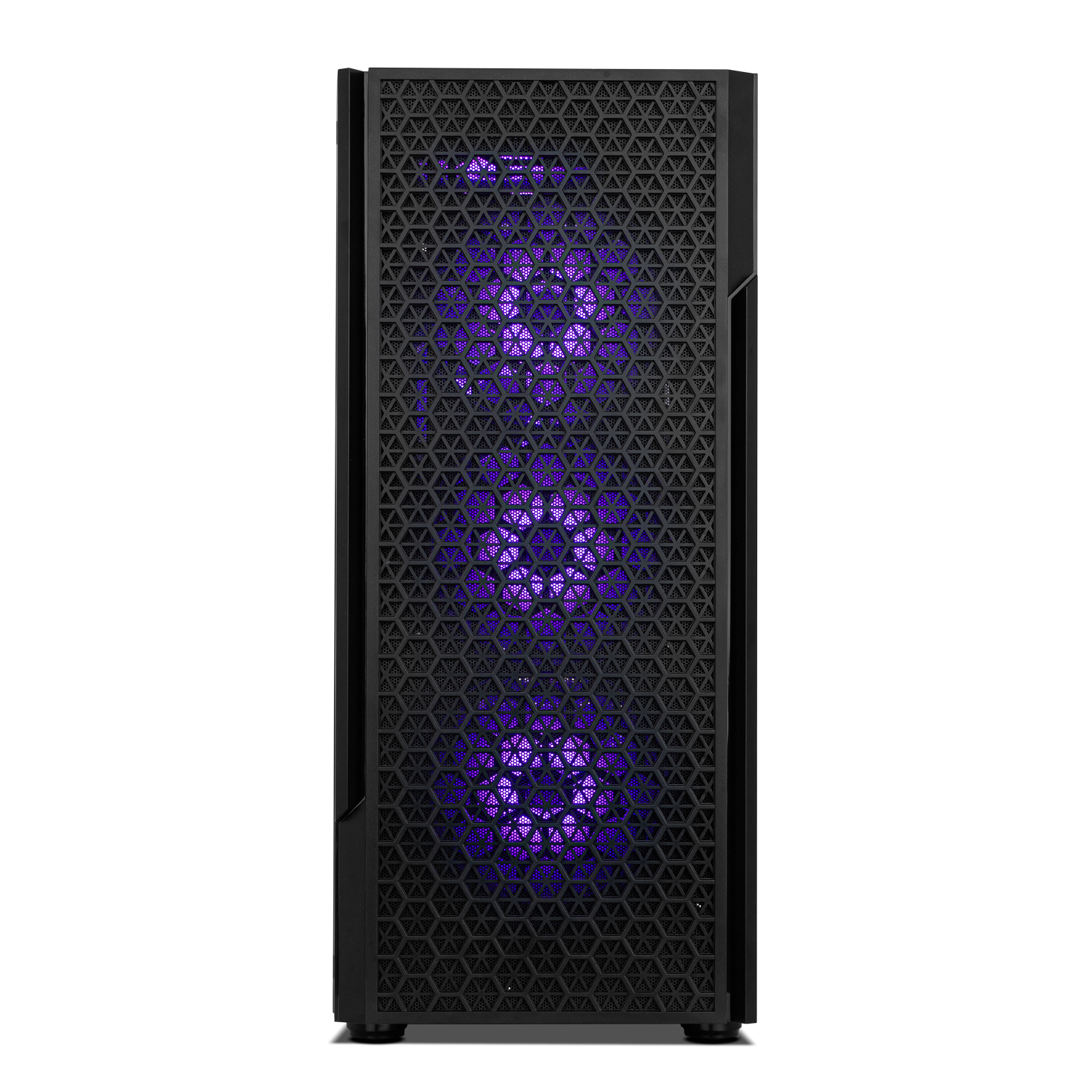 Carcasa de ordenador negra con diseño de malla e iluminación interna morada.