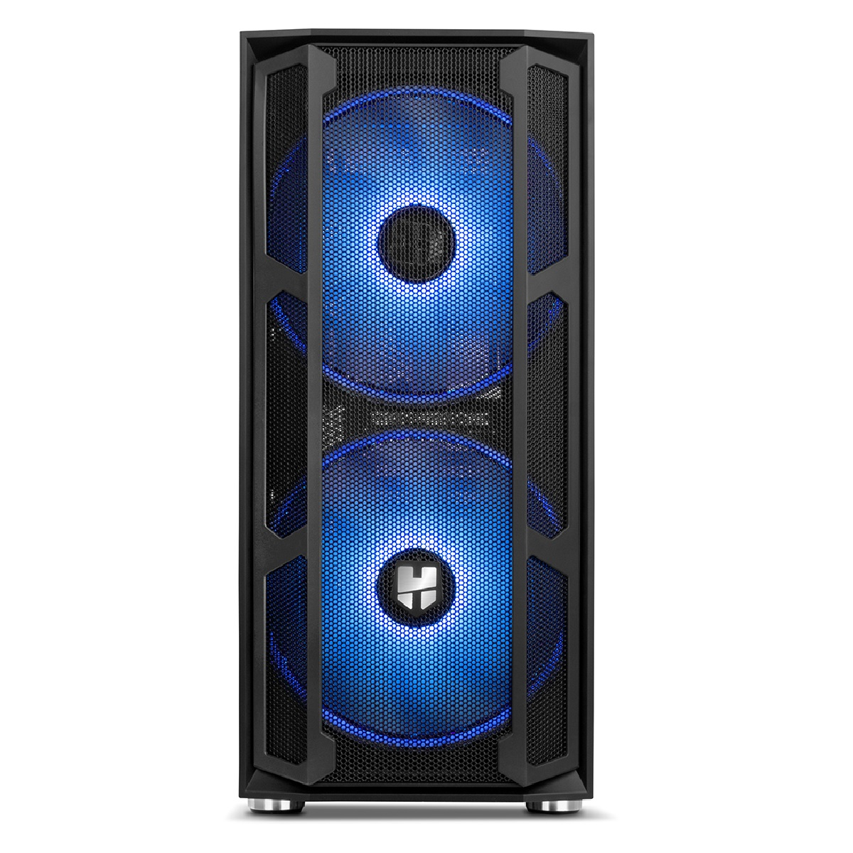 Caja de computadora negra con malla y dos ventiladores azules brillantes, el logo es visible al frente.