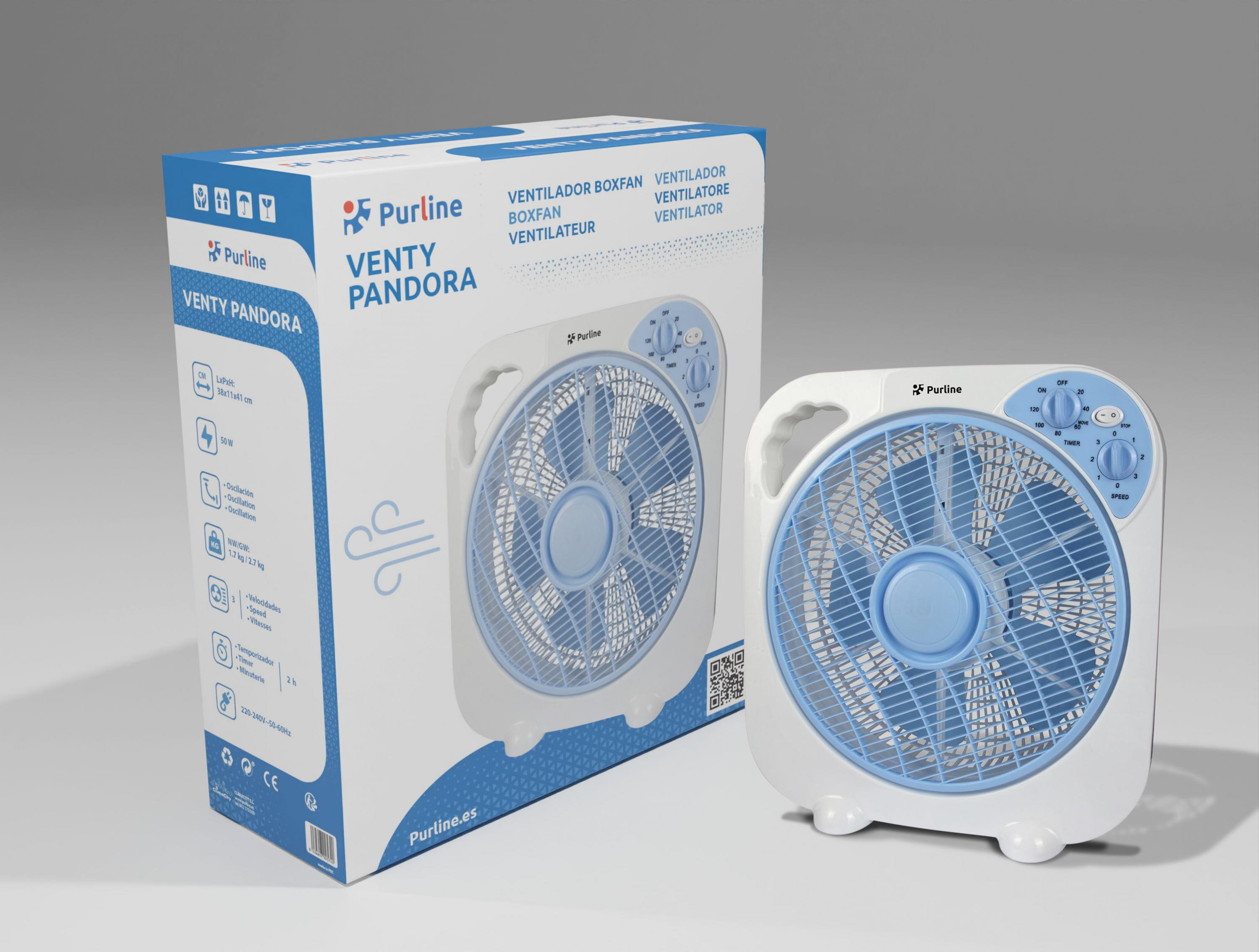 Box-Lüfter mit blau-weißem Design und die zugehörige Box daneben.
