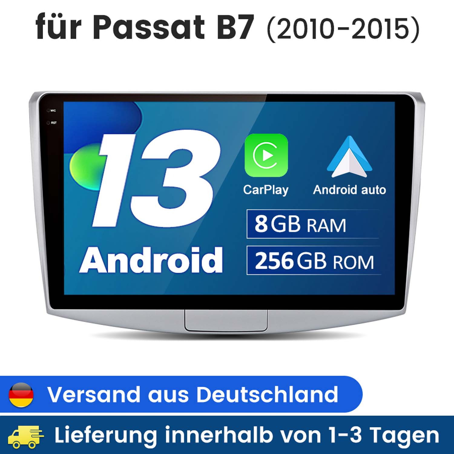 Autoradio mit Android, 8GB RAM, 256GB ROM, CarPlay, Android Auto. Text: Versand aus Deutschland.