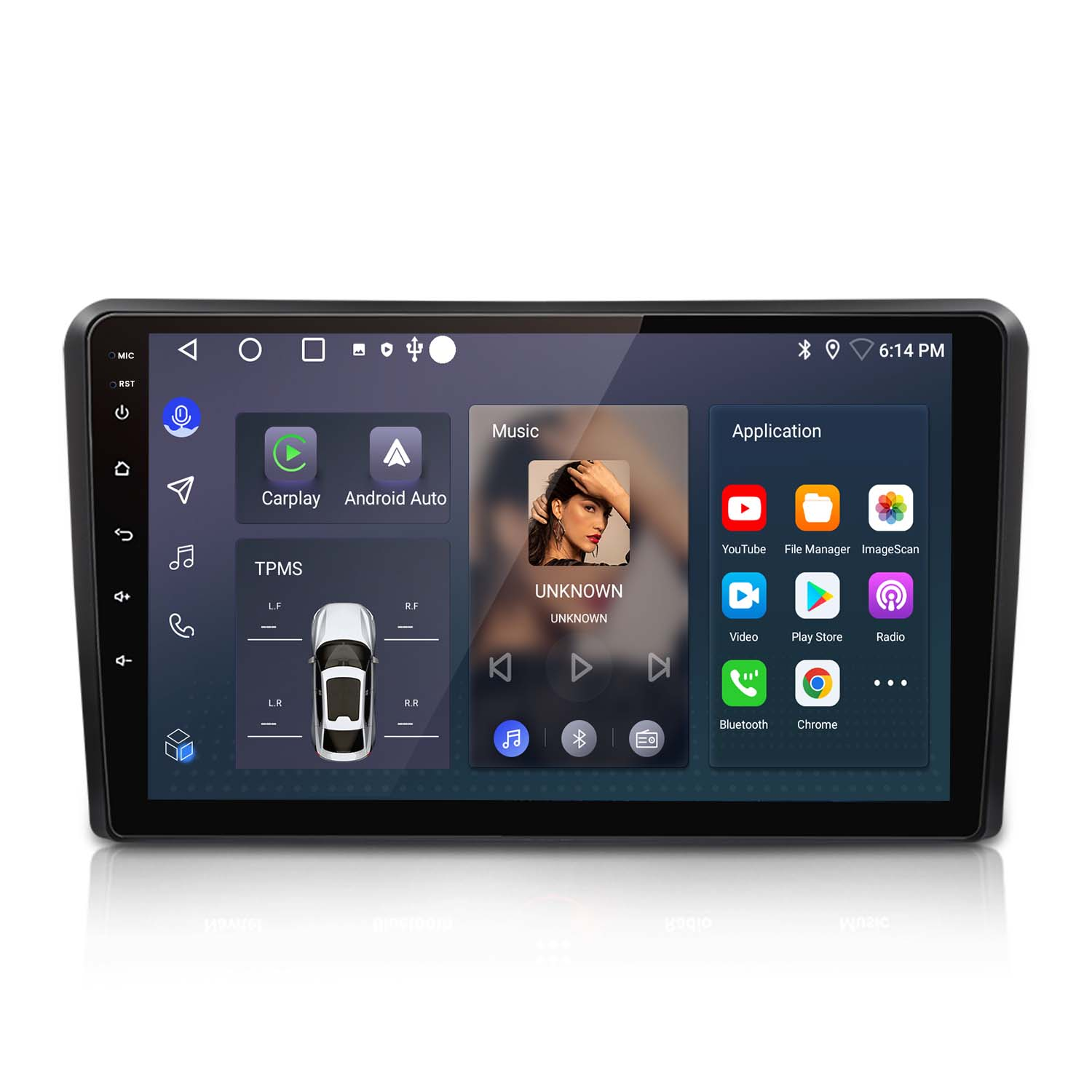 Auto-Infotainmentsystem mit Musikplayer-Oberfläche und App-Symbolen.