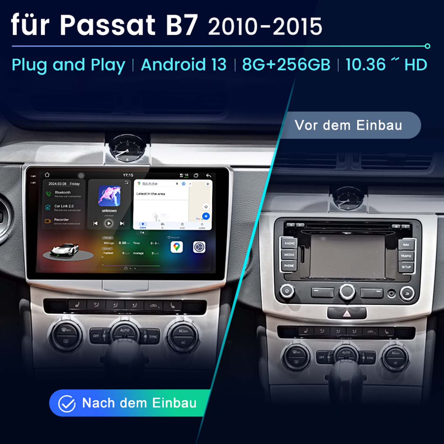 Autoradio-Bildschirm, vor und nach der Installation, mit Android-Oberfläche. Text für Passat B7 2010-2015.
