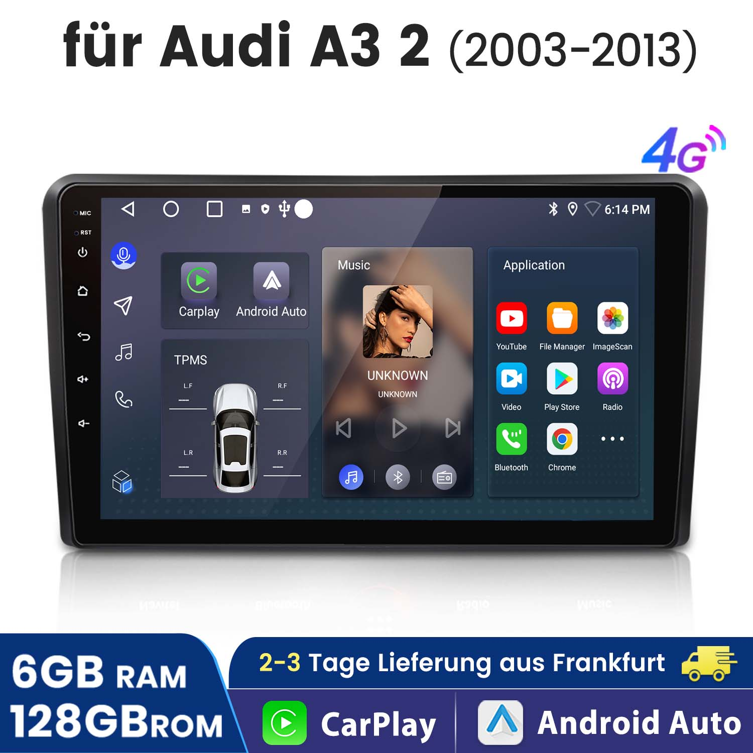 Auto-Multimediabildschirm. Der Bildschirm zeigt die Benutzeroberfläche mit den Anwendungssymbolen.