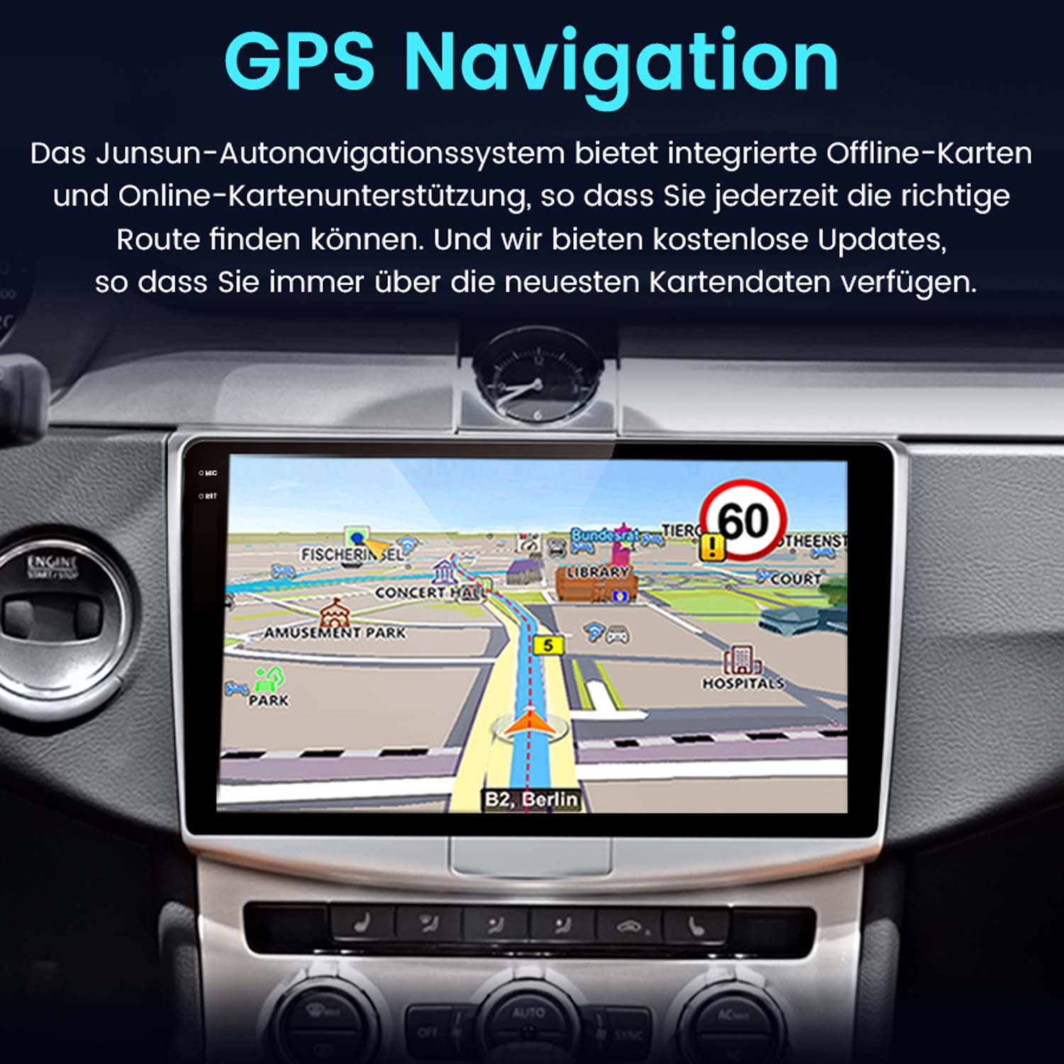 Das Armaturenbrett eines Autos zeigt ein Navigationssystem mit einer Karte und Geschwindigkeitsbegrenzungen.