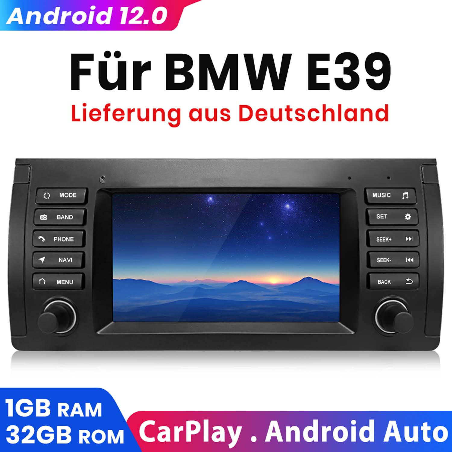 Autoradio mit Bildschirm, Knöpfen und Reglern. Text: Für BMW E39. 1 GB RAM, 32 GB ROM, CarPlay, Android Auto.