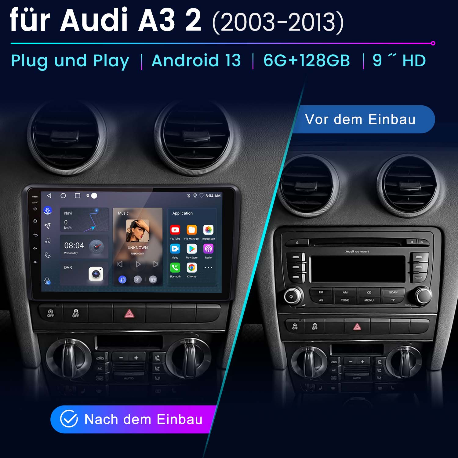 Armaturenbrett mit neu installiertem Infotainmentsystem, Vorher/Nachher-Layout.
