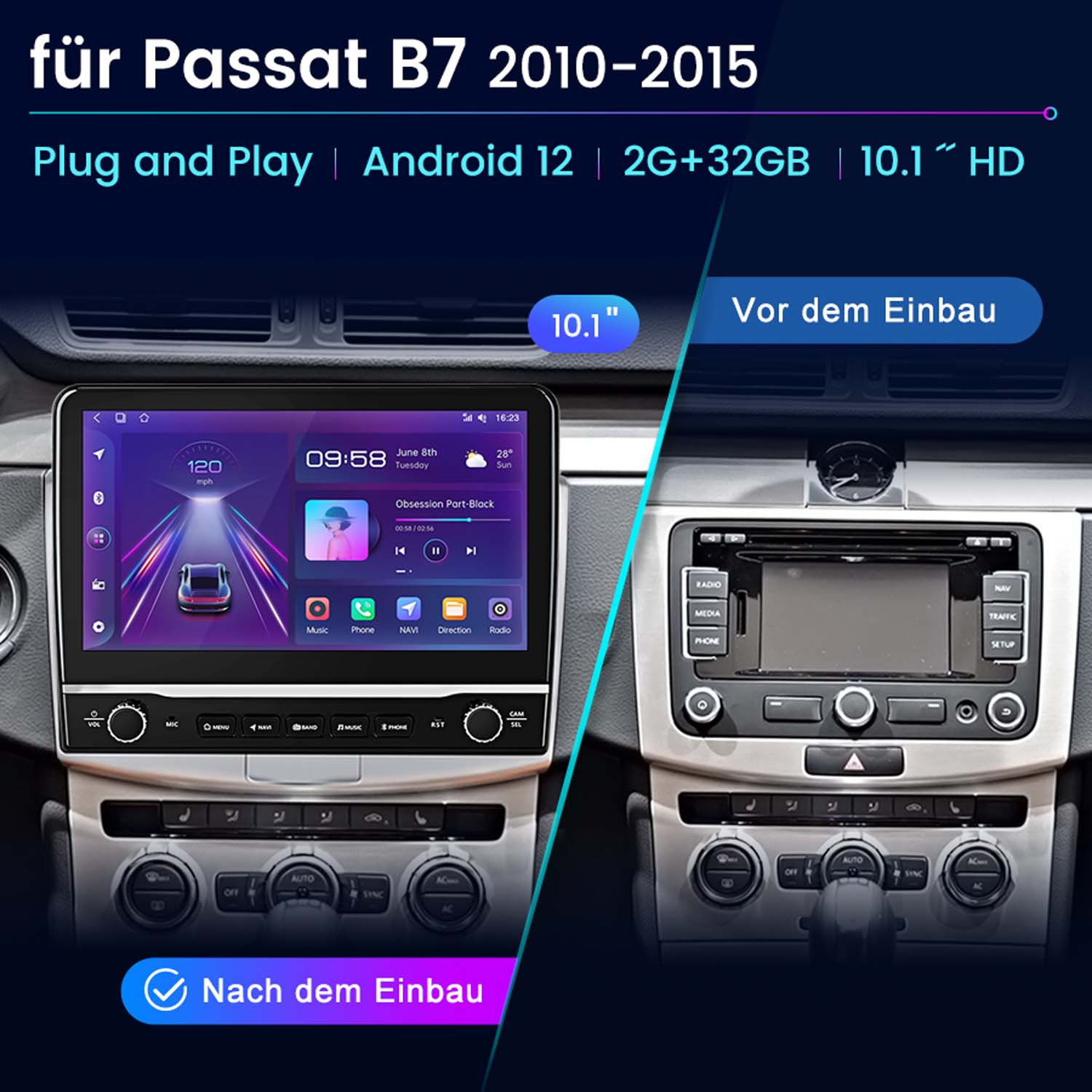 Autoradio, Vorher- und Nachher-Installation. Der Bildschirm zeigt ein Armaturenbrett mit Anzeigen und eine Karte.