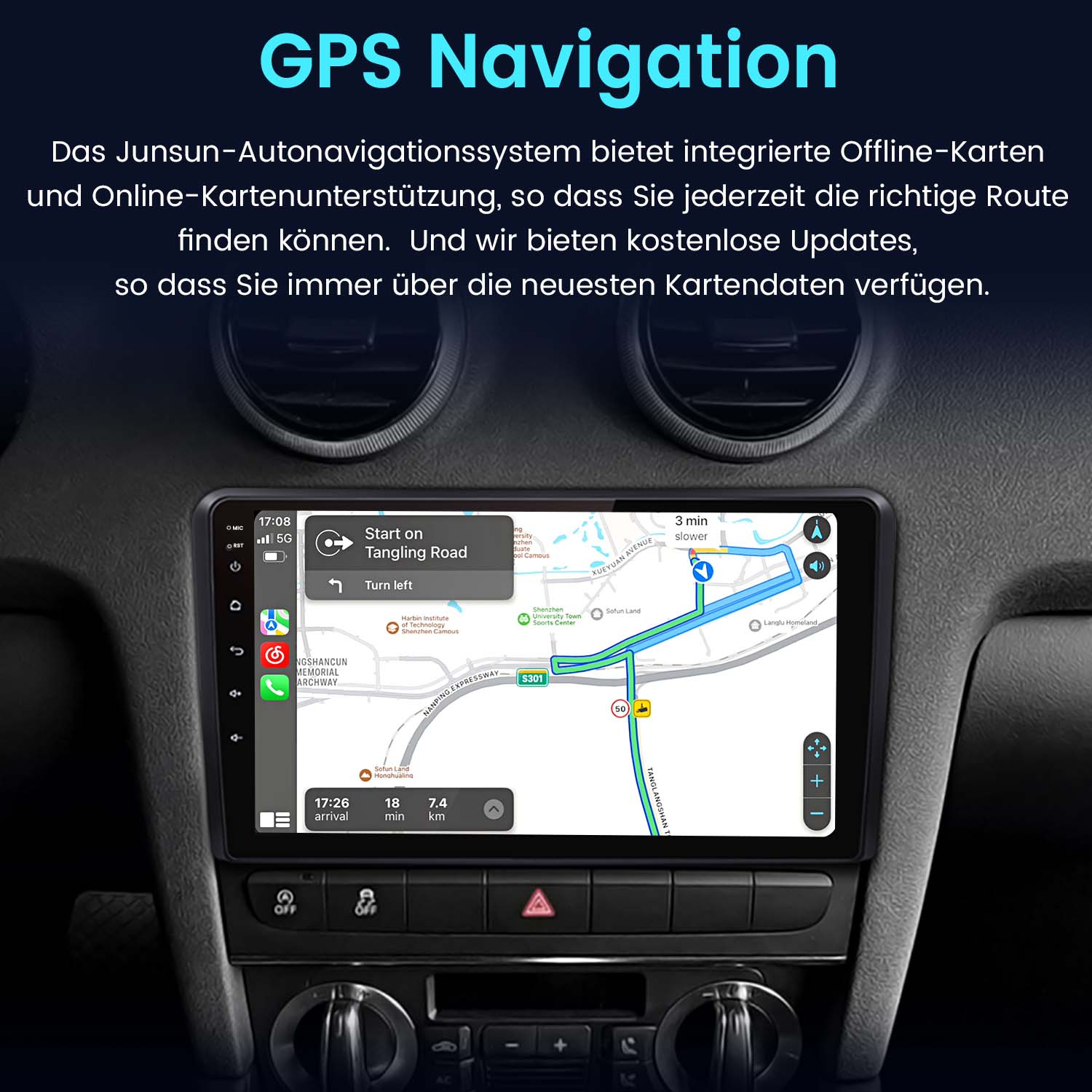 Auto-Armaturenbrett mit GPS-Navigationsbildschirm, der eine Routenkarte zeigt.