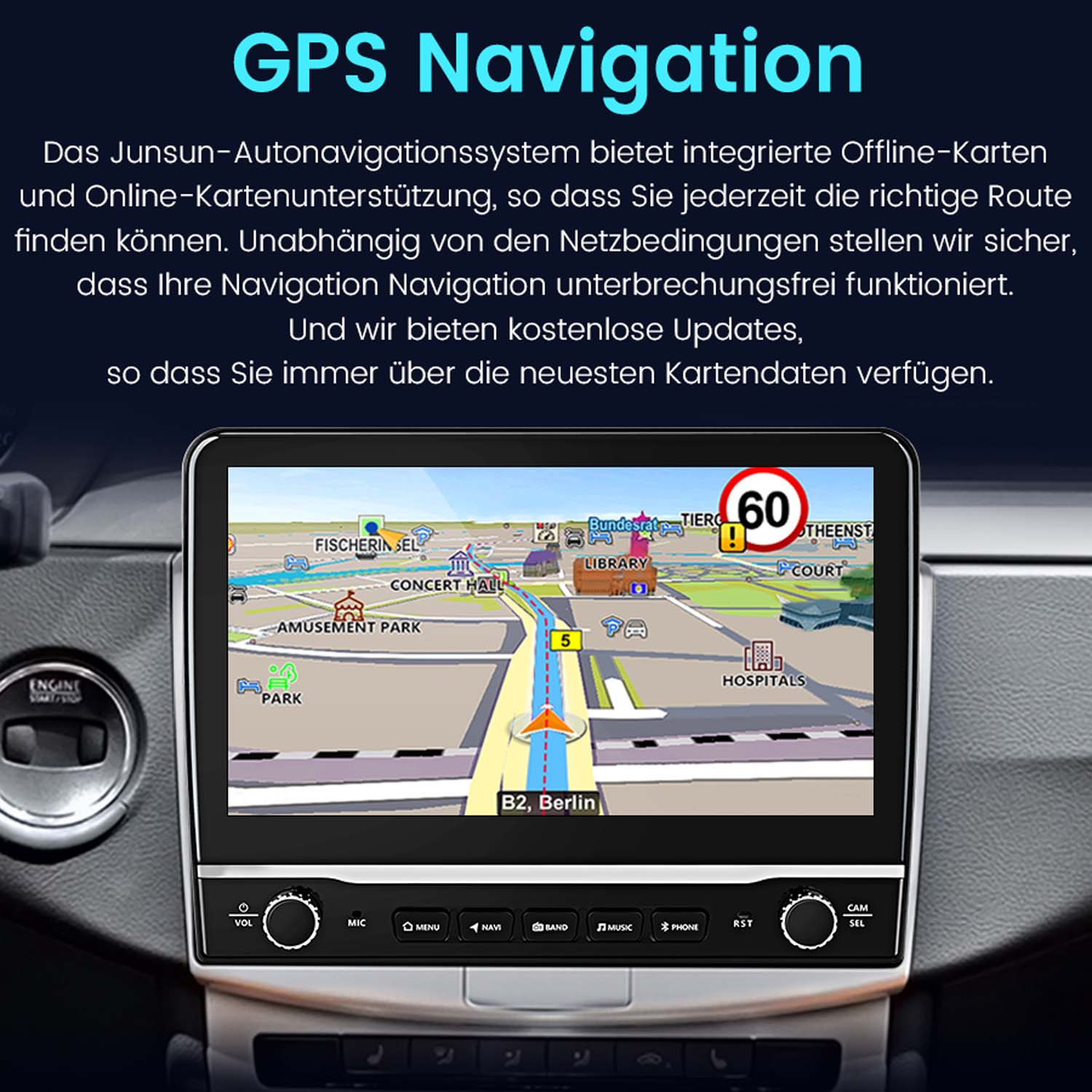 Armaturenbrett mit Navigationsbildschirm, der eine Karte und Steuertasten anzeigt. Text: GPS Navigation.