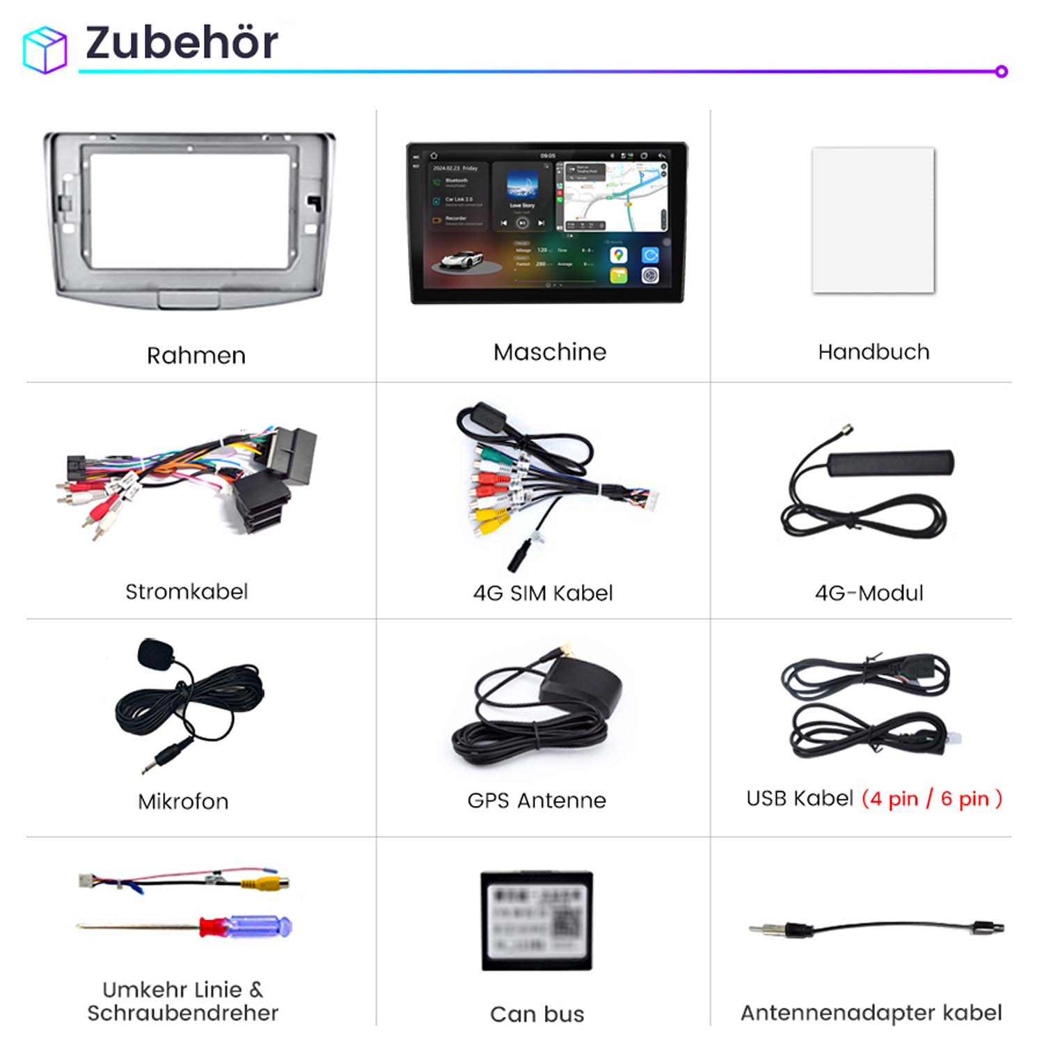 Zubehör-Set für Autoradio. Enthält Rahmen, Maschine, Kabel und andere Komponenten.