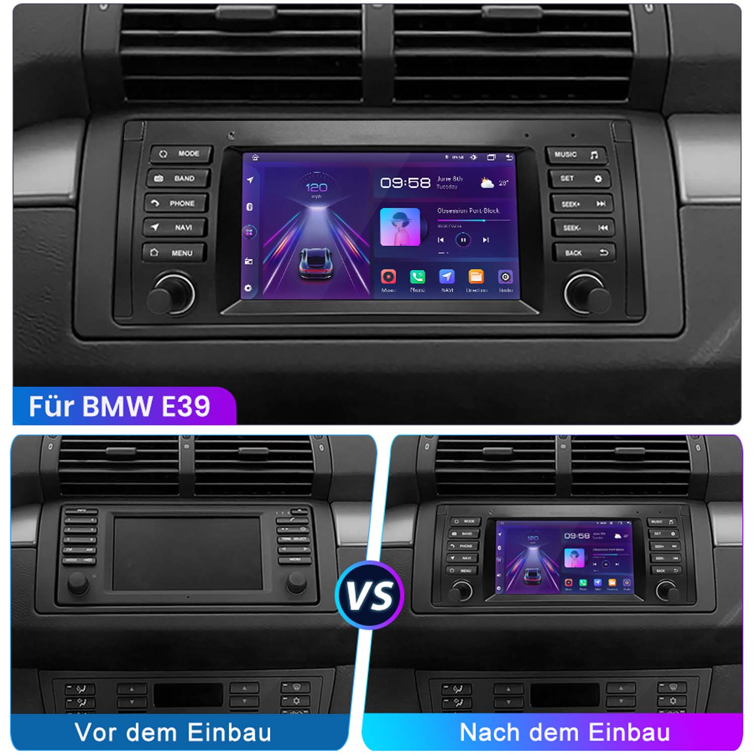 Autoradio-Installation vor und nachher mit Text auf Deutsch für das BMW E39 Modell.