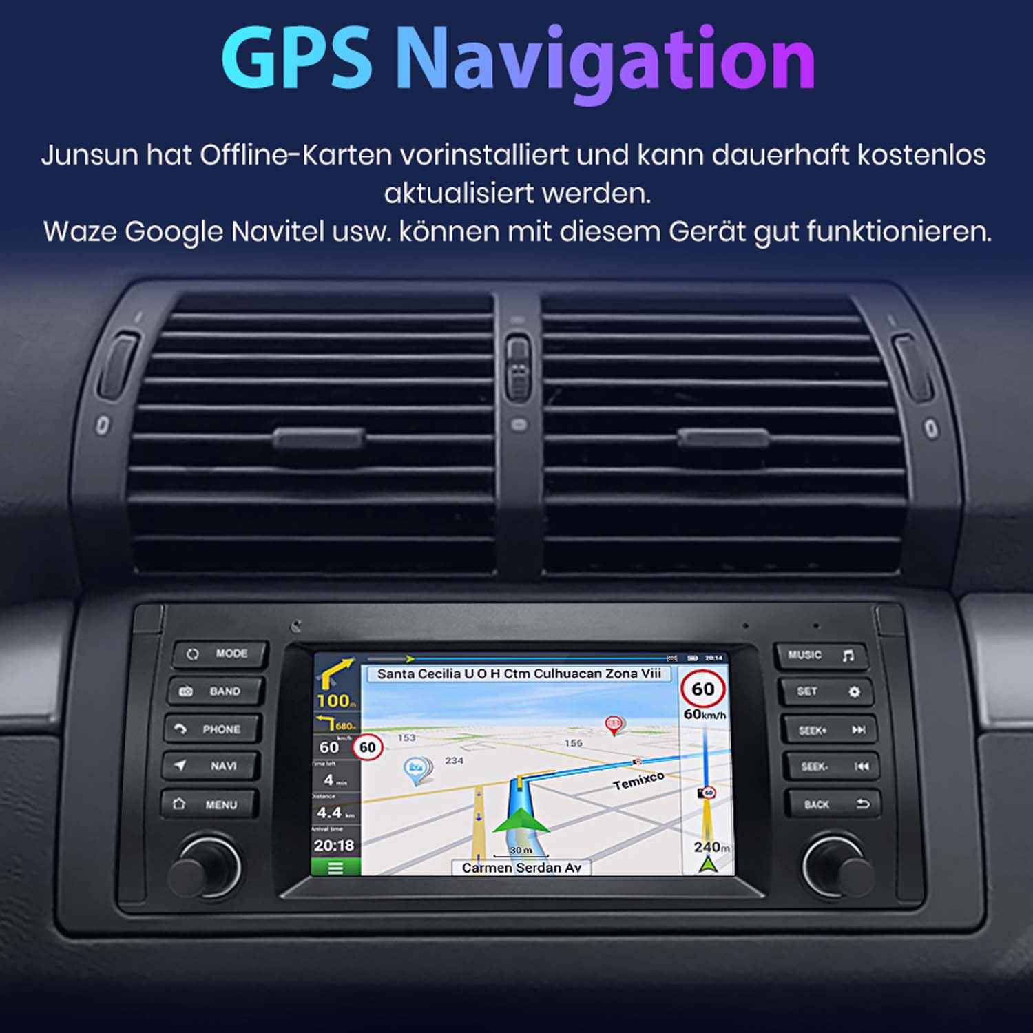 Armaturenbrett eines Autos mit GPS-Navigation, Karte und Wegbeschreibungen auf dem Bildschirm.