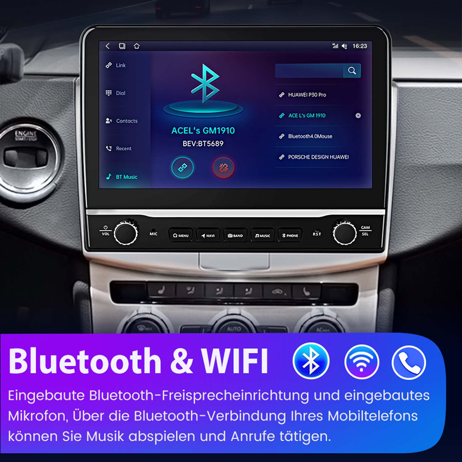 Auto-Infotainment-Bildschirm mit Bluetooth-Funktionen.