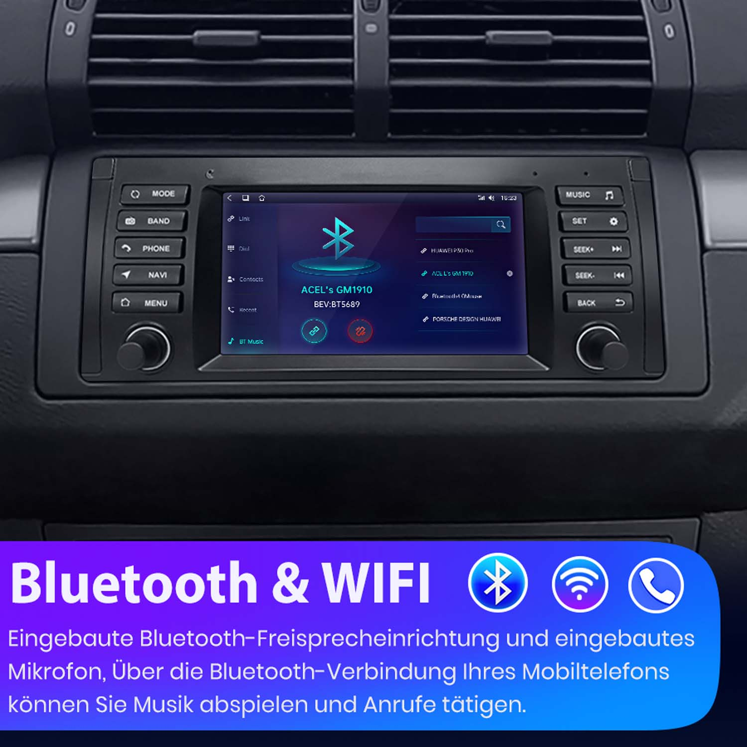 Auto-Stereoanlage mit Bildschirm, zeigt Einstellungen für Bluetooth & WIFI.