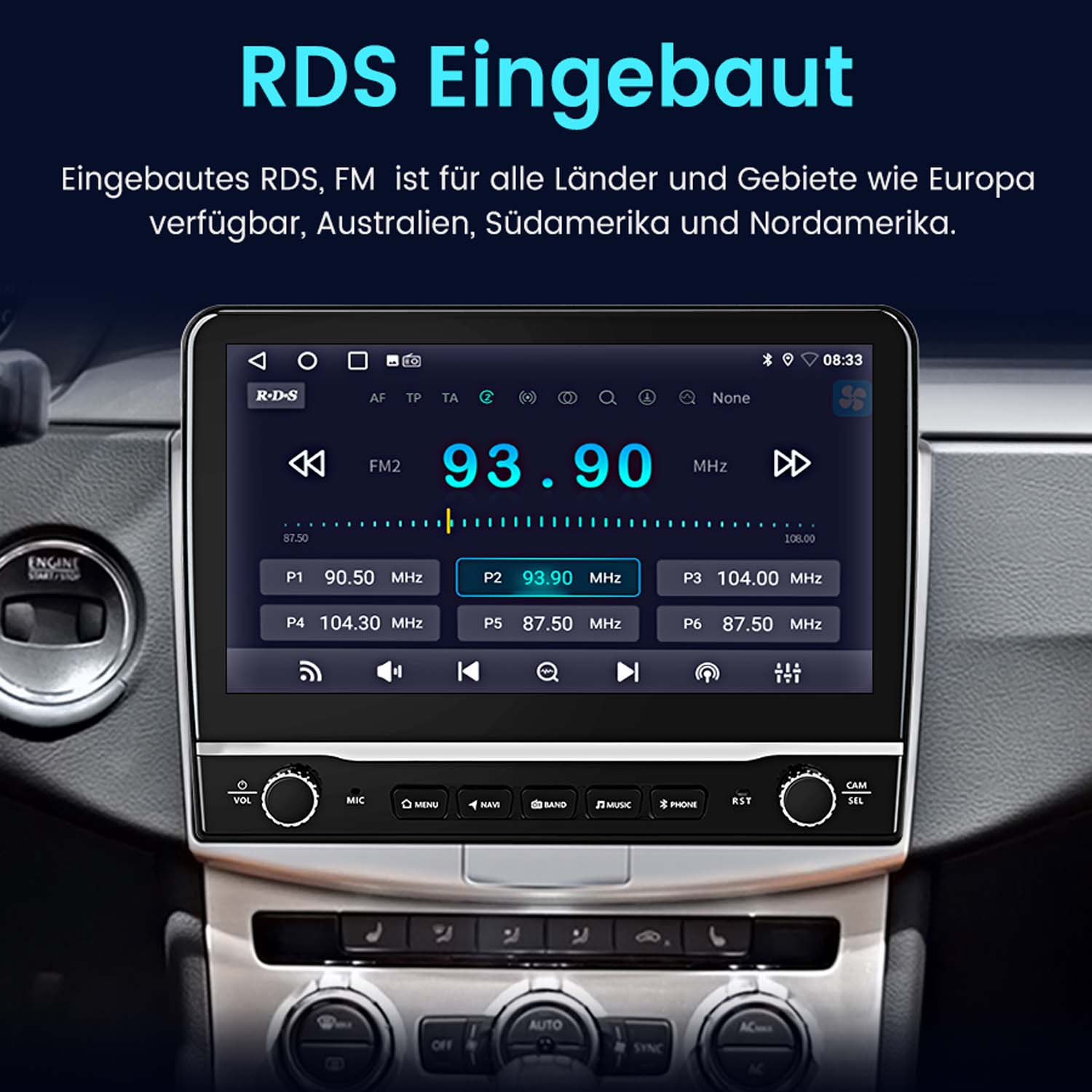 Autodashboard mit RDS-Display, das die Radiofrequenz 93,90 MHz und Senderspeicher anzeigt.