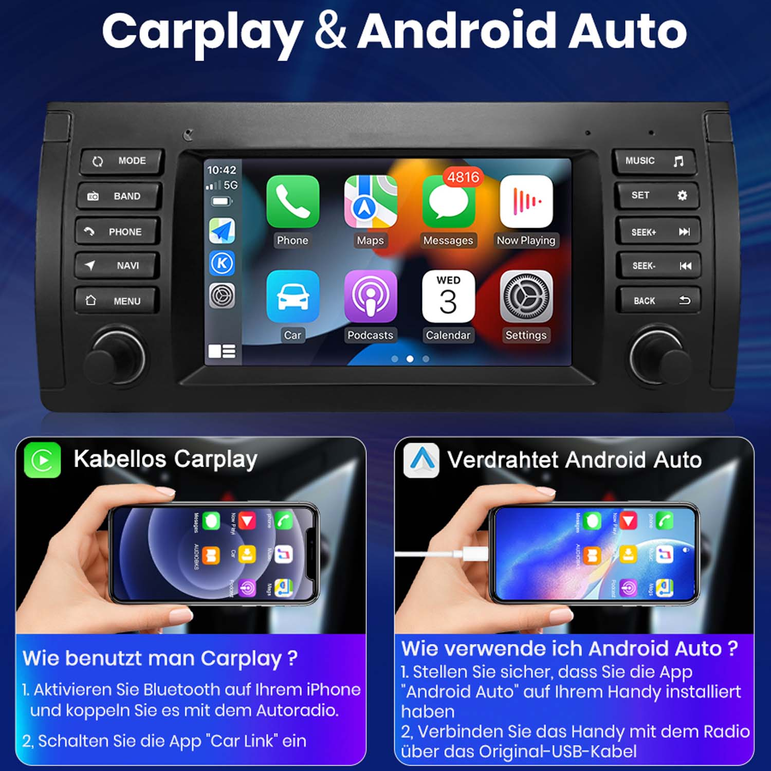 Autoradio-Bildschirm mit App-Symbolen und einer Grafik mit Carplay/Android Auto-Anweisungen.