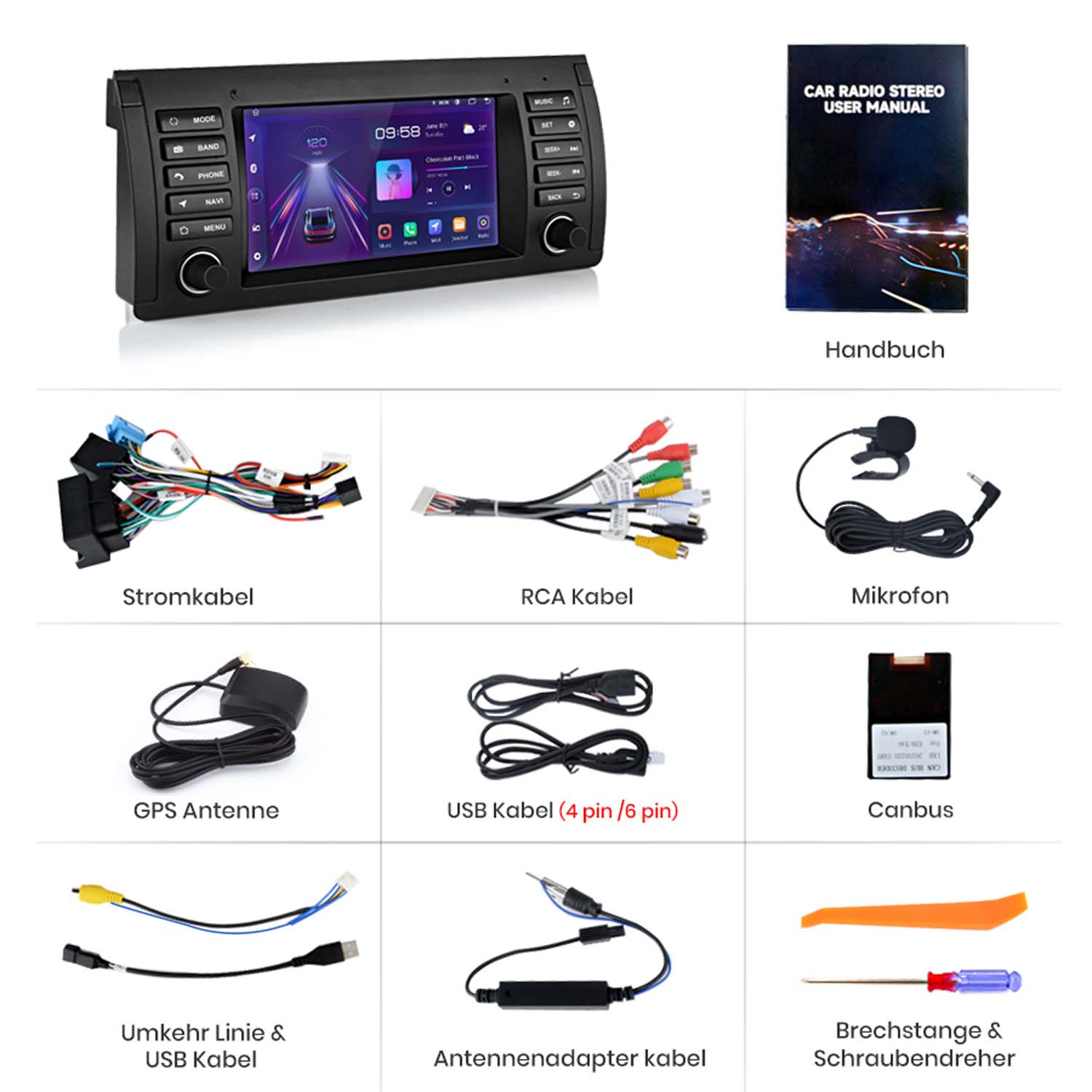 Autoradio-Komponenten, darunter eine Anzeigeeinheit, Kabel, Mikrofon und Antenne.