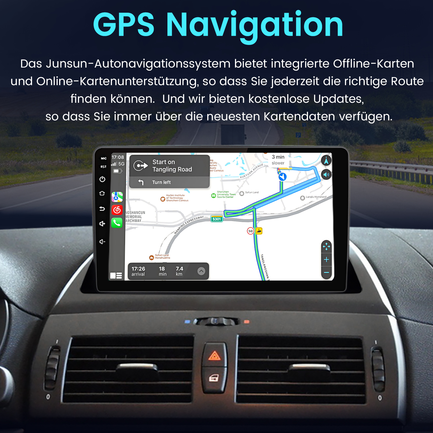 Armaturenbrett eines Autos mit einem GPS-Navigationsbildschirm und einer Karte.