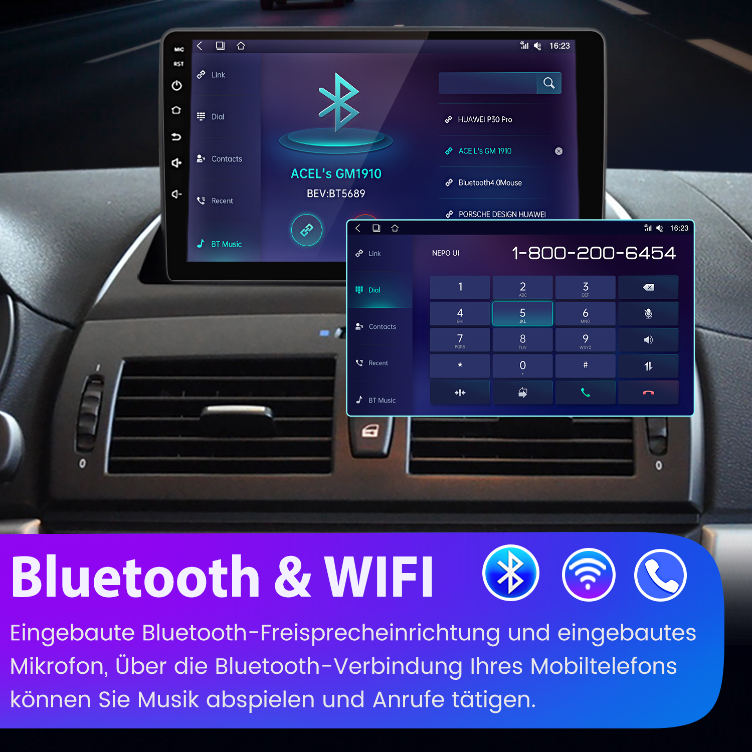 Deska rozdzielcza samochodu z interfejsem telefonu z opcjami Bluetooth i WiFi.