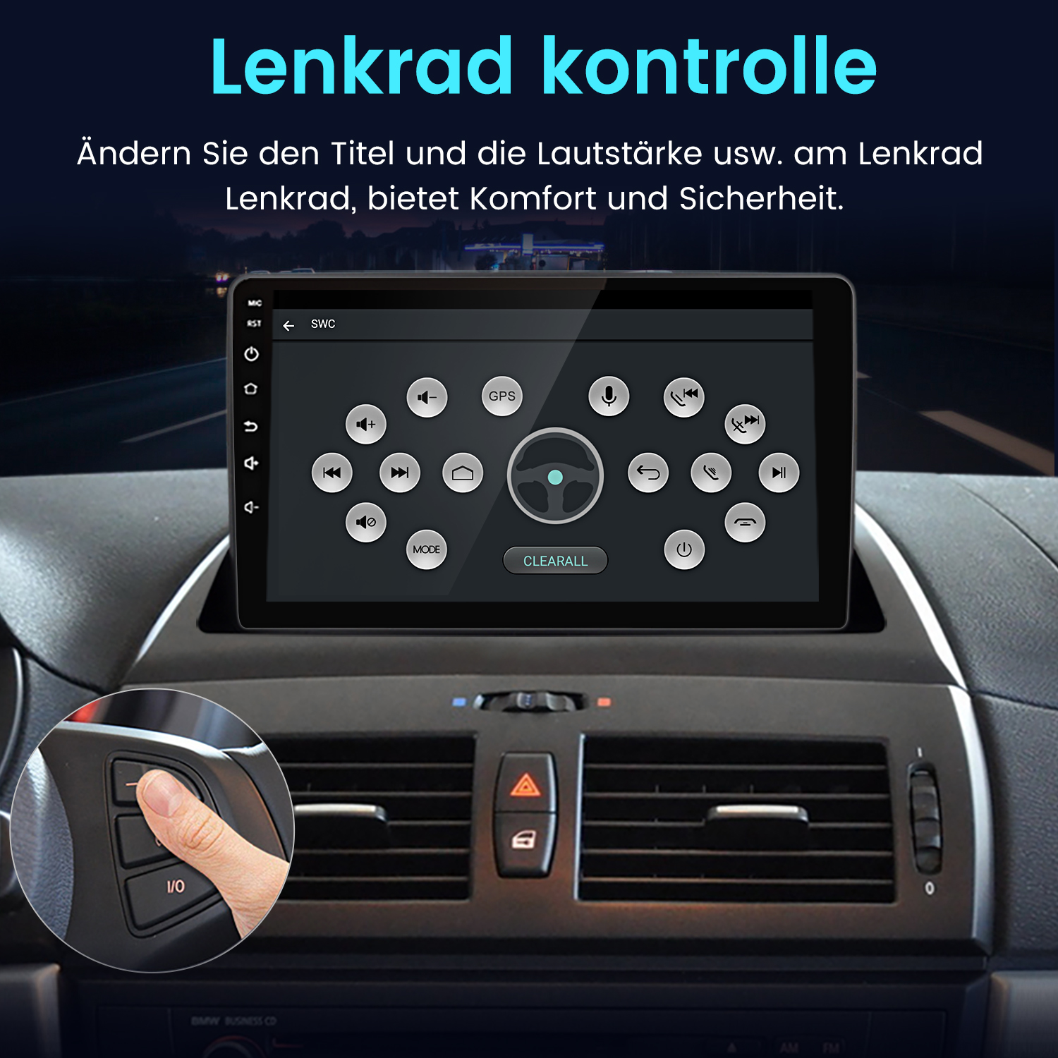 Nahaufnahme eines Armaturenbretts mit Touchscreen, Hand bedient Lenkrad.
