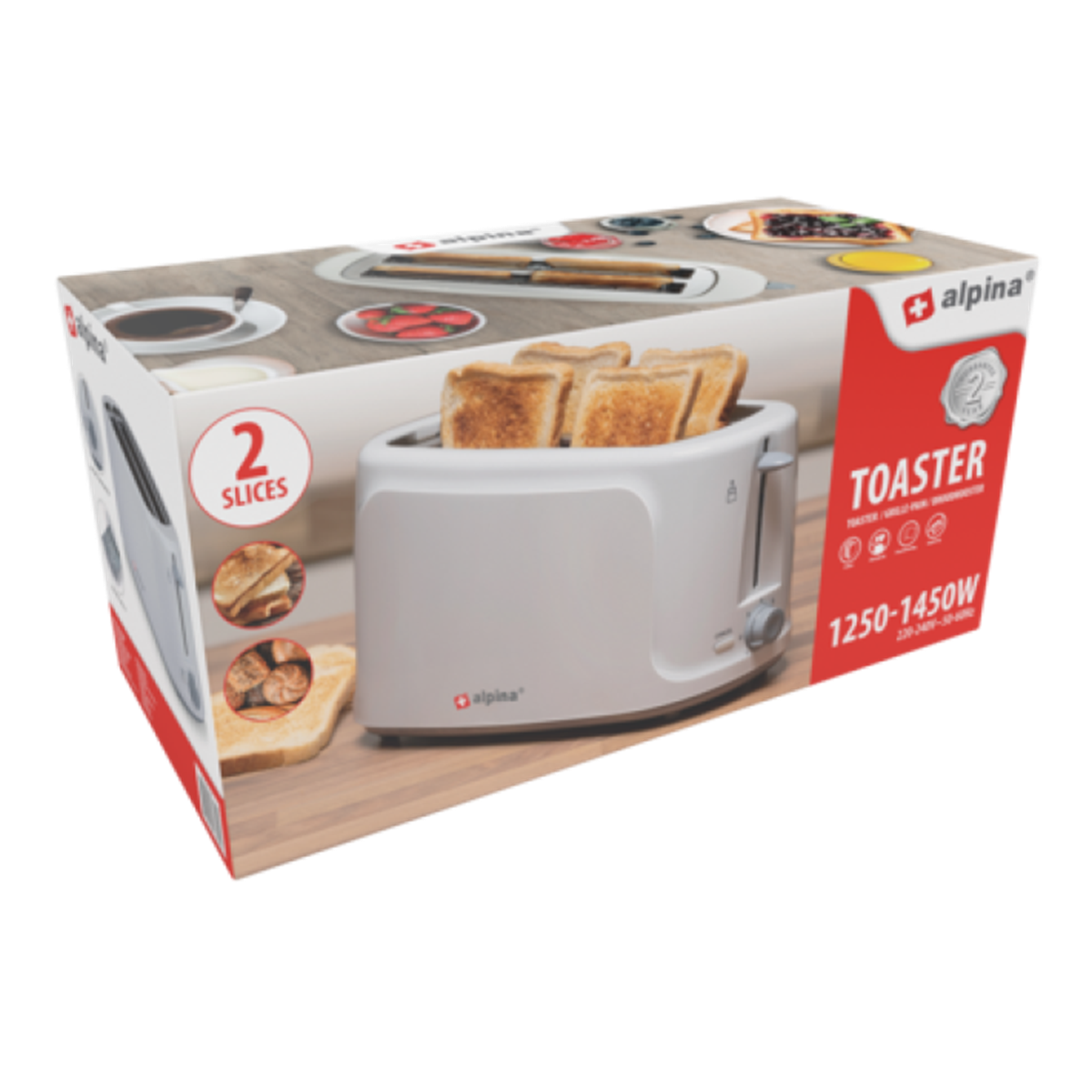 Eine Toasterbox mit einem Bild des Toasters und geröstetem Brot. Weißer Hintergrund.
