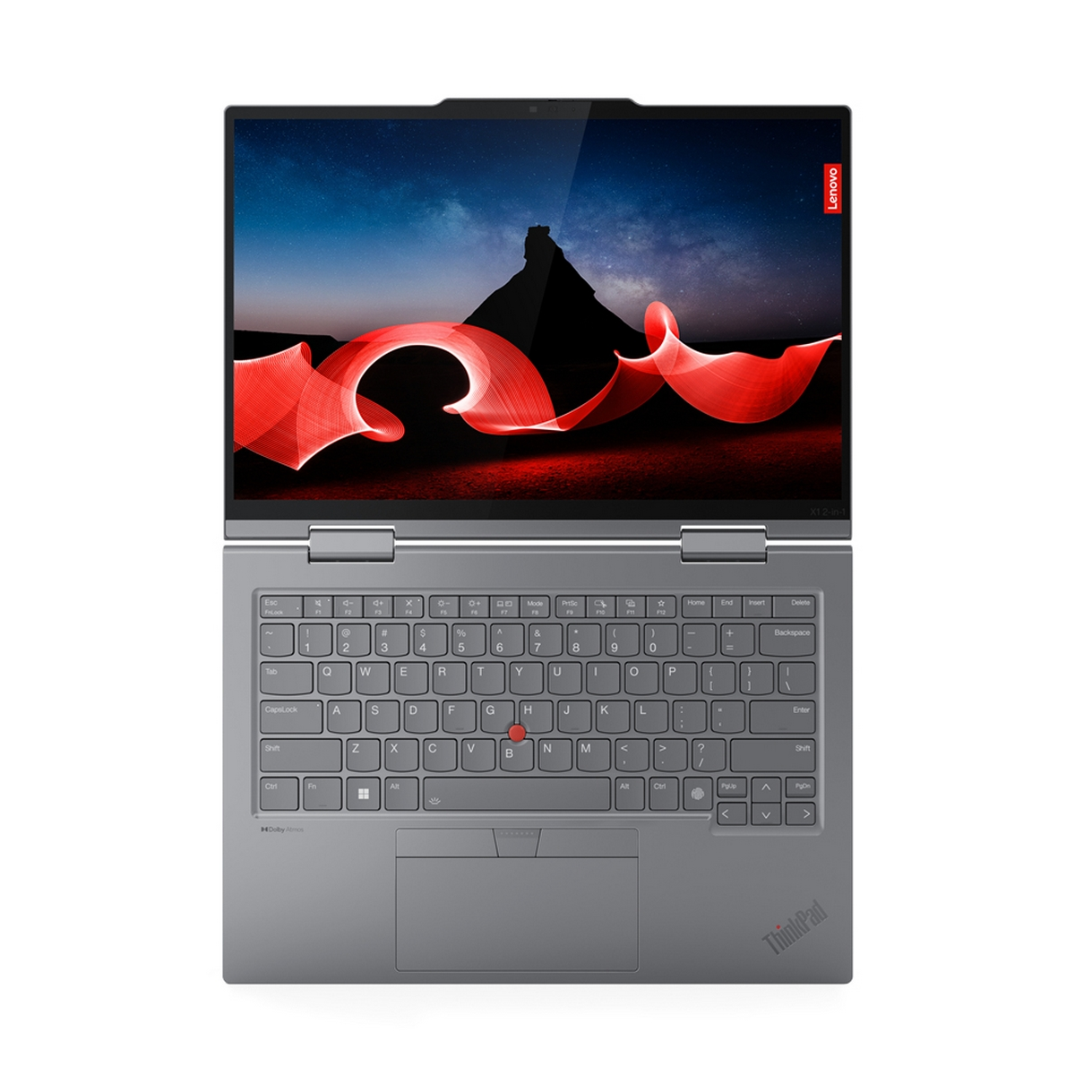 Laptop con vista dall'alto, tastiera visibile, con logo Lenovo rosso.