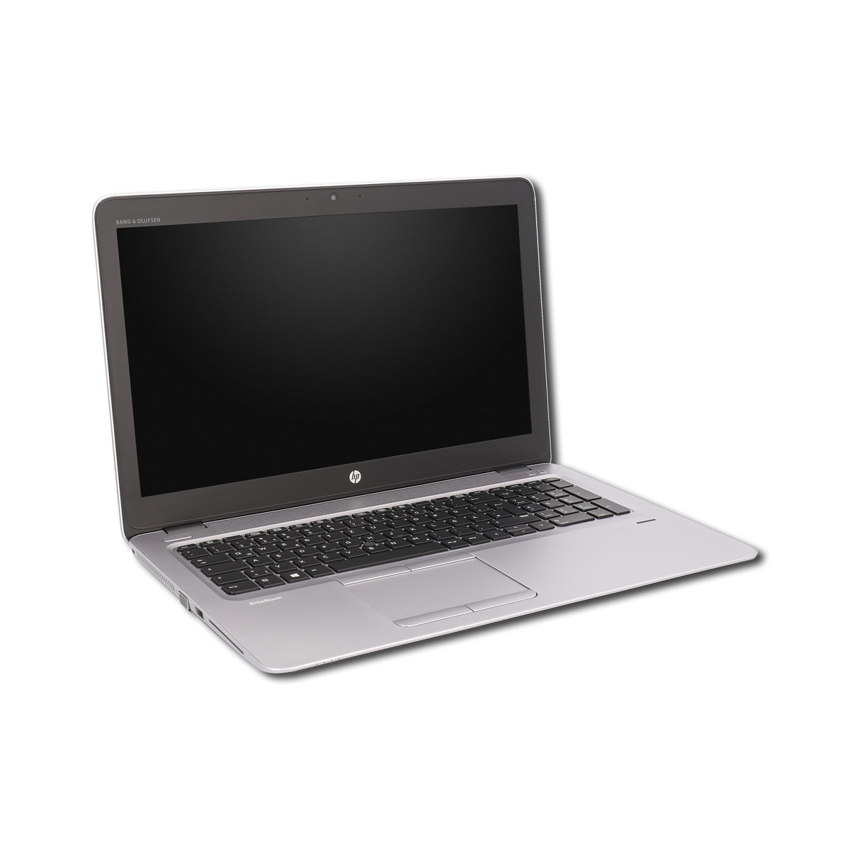 Ein silberner Laptop mit schwarzem Bildschirm. Der Deckel ist geöffnet und zeigt Tastatur und Bildschirm.
