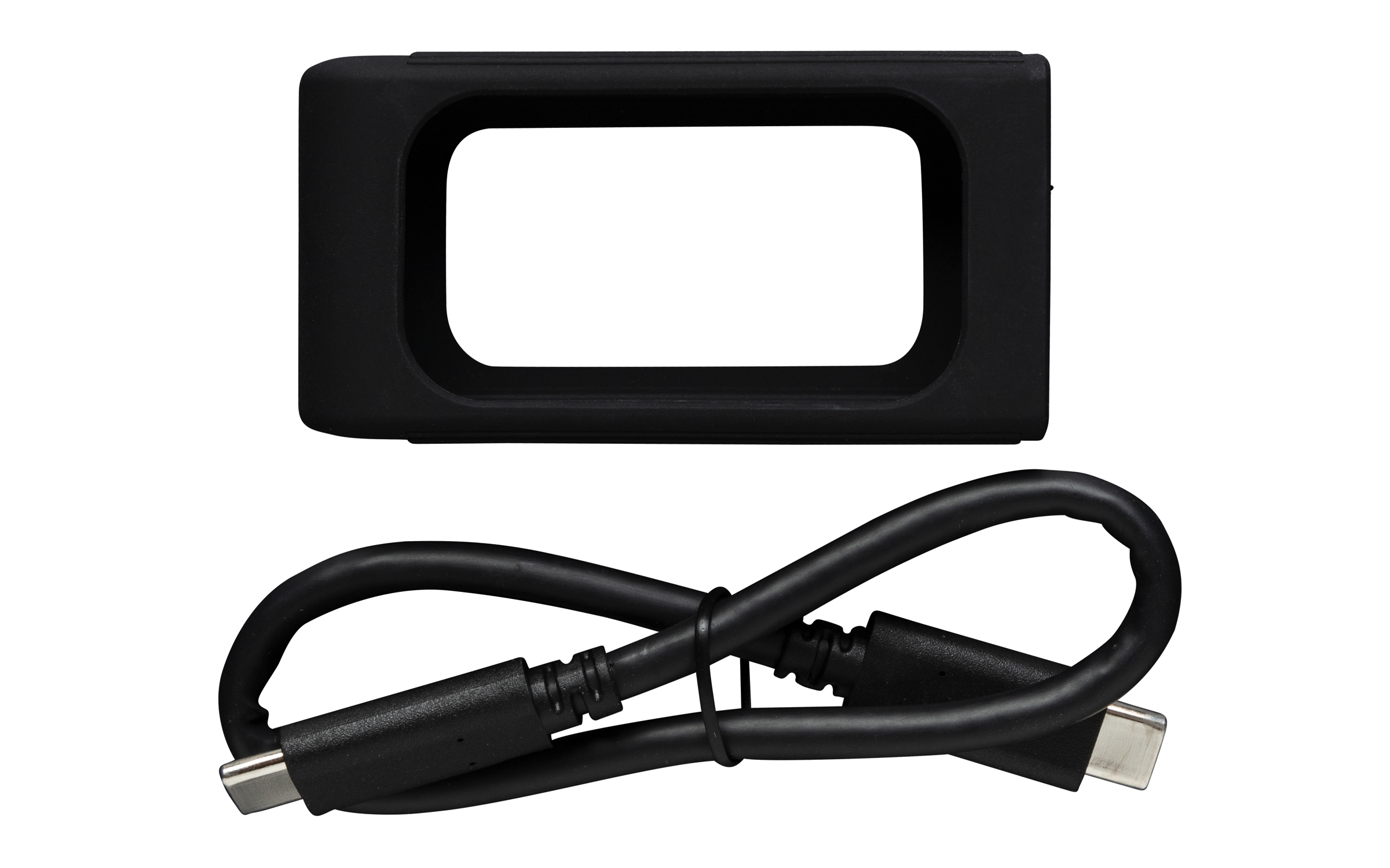 Czarna obudowa ładująca i czarny kabel USB-C. Białe tło.