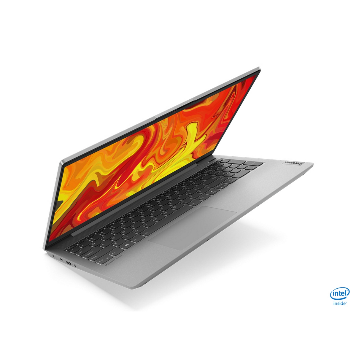 Laptop grigio con un design giallo e arancione sullo schermo. Logo Intel Inside presente.