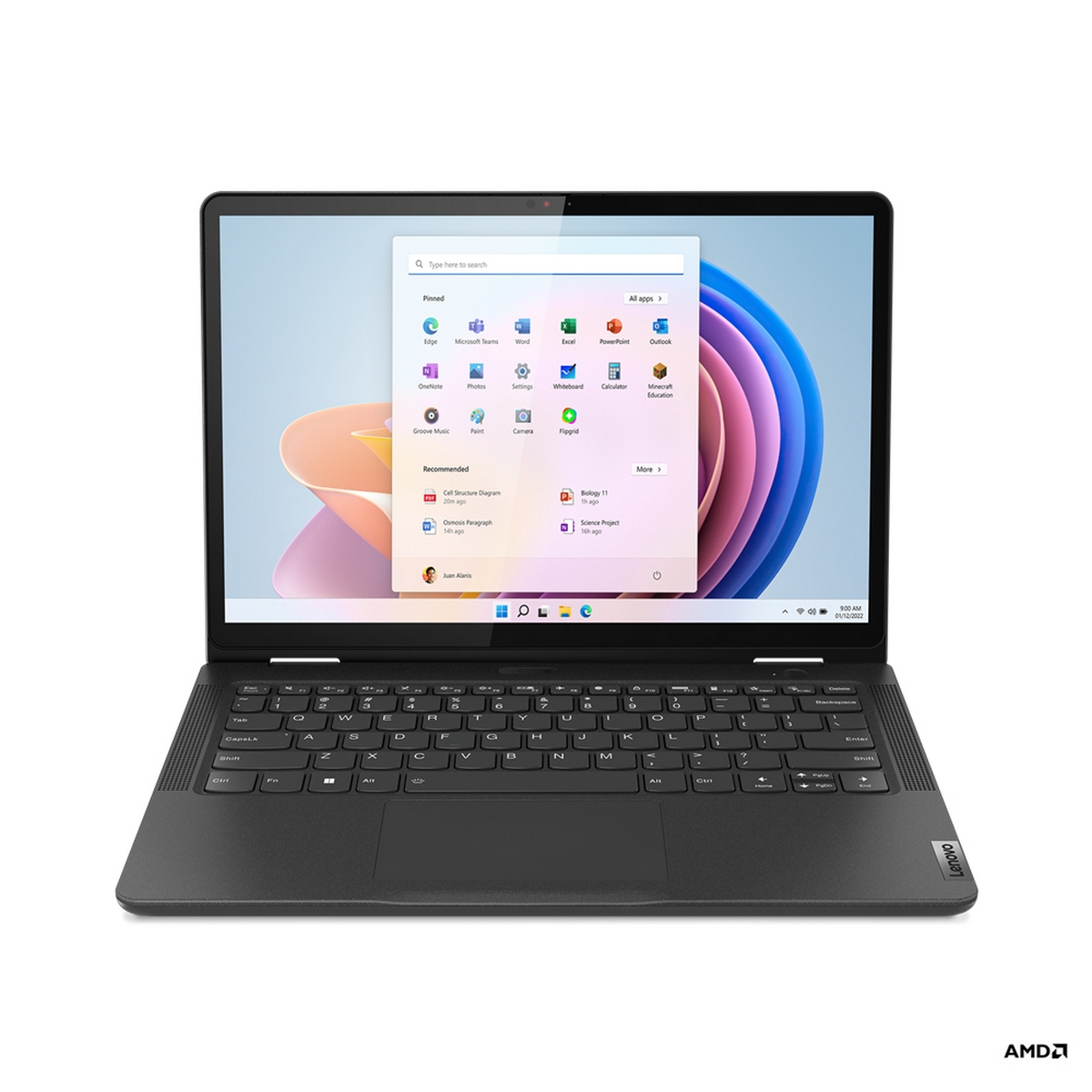 Laptop nero aperto con interfaccia Windows 11. Uno sfondo bianco.
