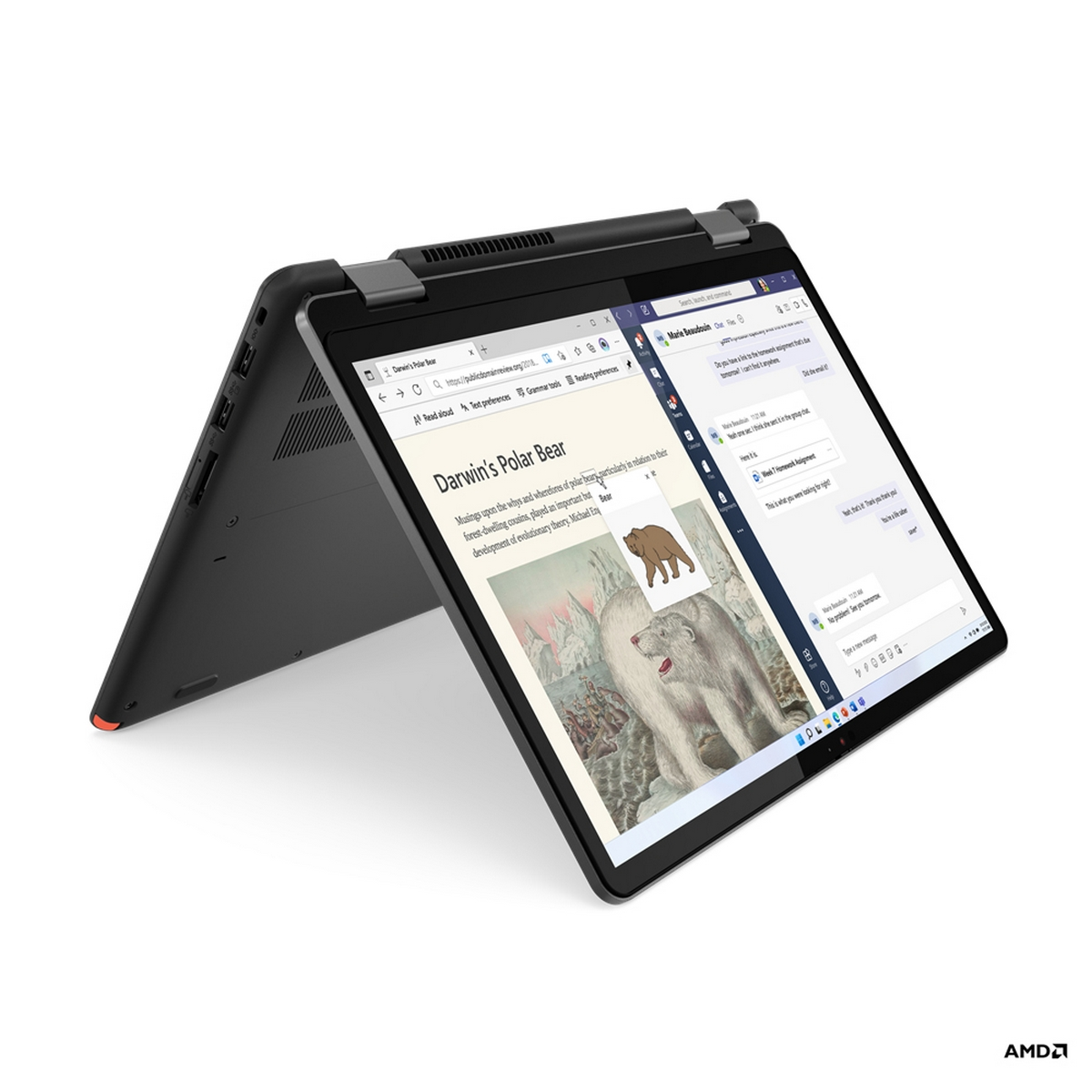Laptop nero aperto, mostra pagina web e documento, angolato su superficie bianca.