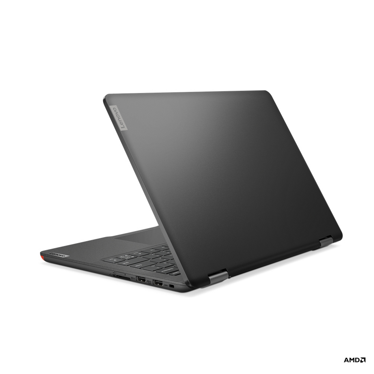 Laptop nero da un'angolazione, che mostra il retro e una tastiera parzialmente visibile.