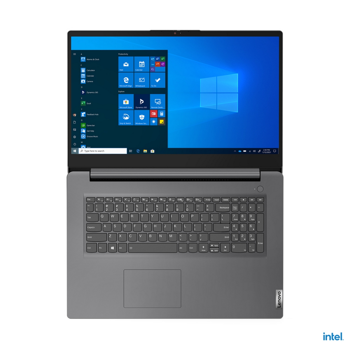 Laptop aperto, mostra un desktop Windows. Tastiera, touchpad e schermo sono visibili.