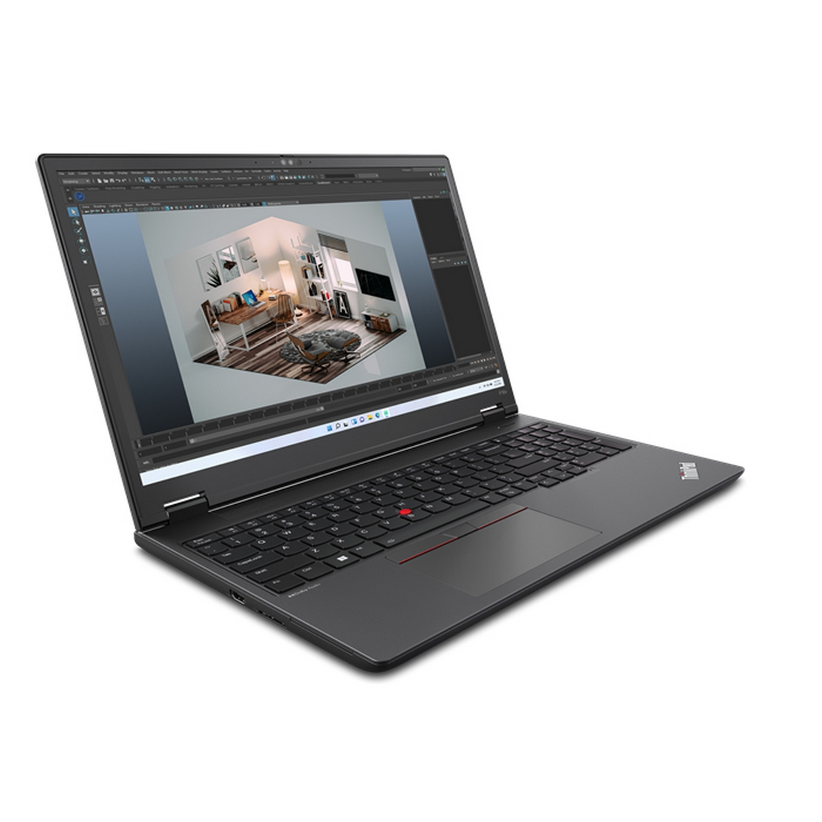 Un laptop nero mostra un'interfaccia software di progettazione 3D. La tastiera è visibile, con un trackpoint rosso.