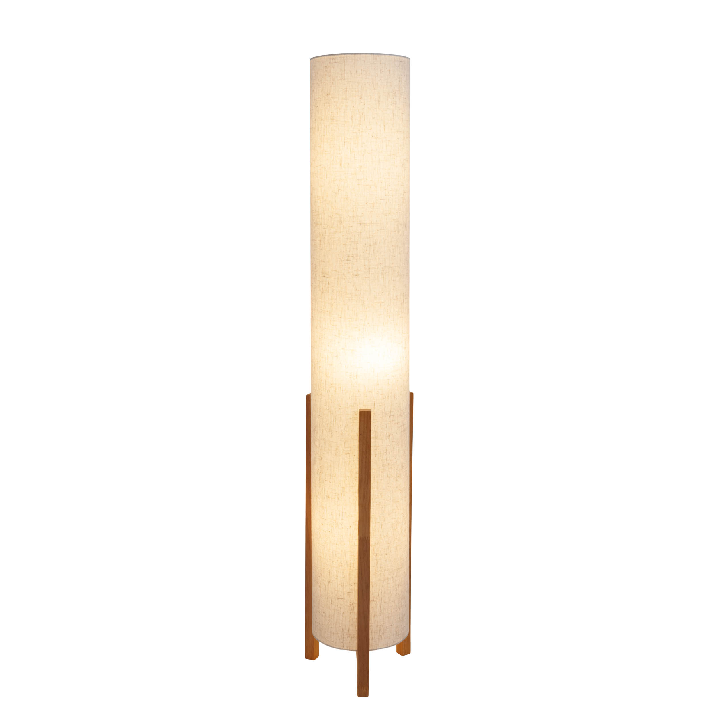 Lampada da terra alta con paralume bianco e base in legno con tre supporti.