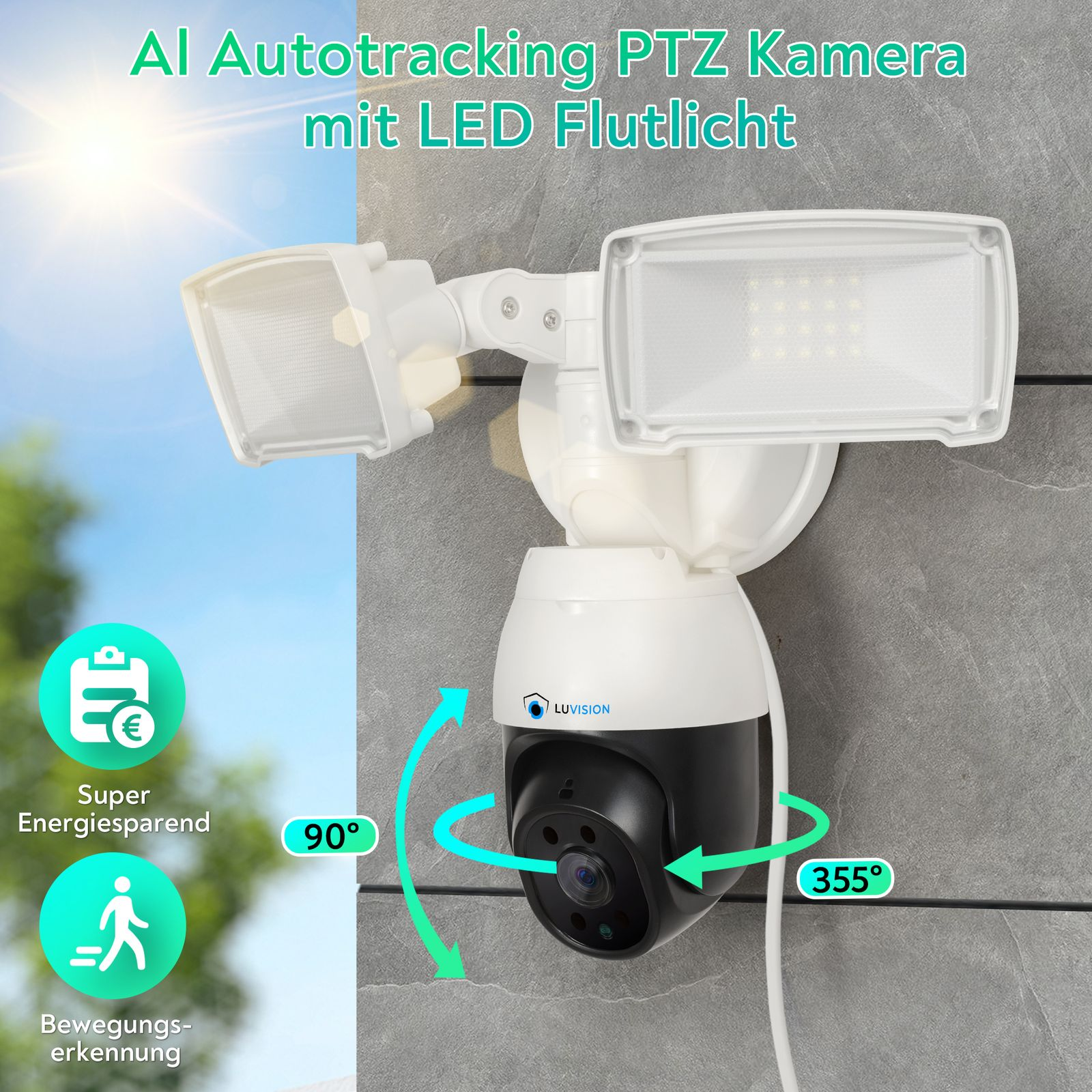 Sicherheitskamera mit LED-Flutlicht. Text auf dem Gerät zeigt KI-Autotracking und die Marke Luvision.